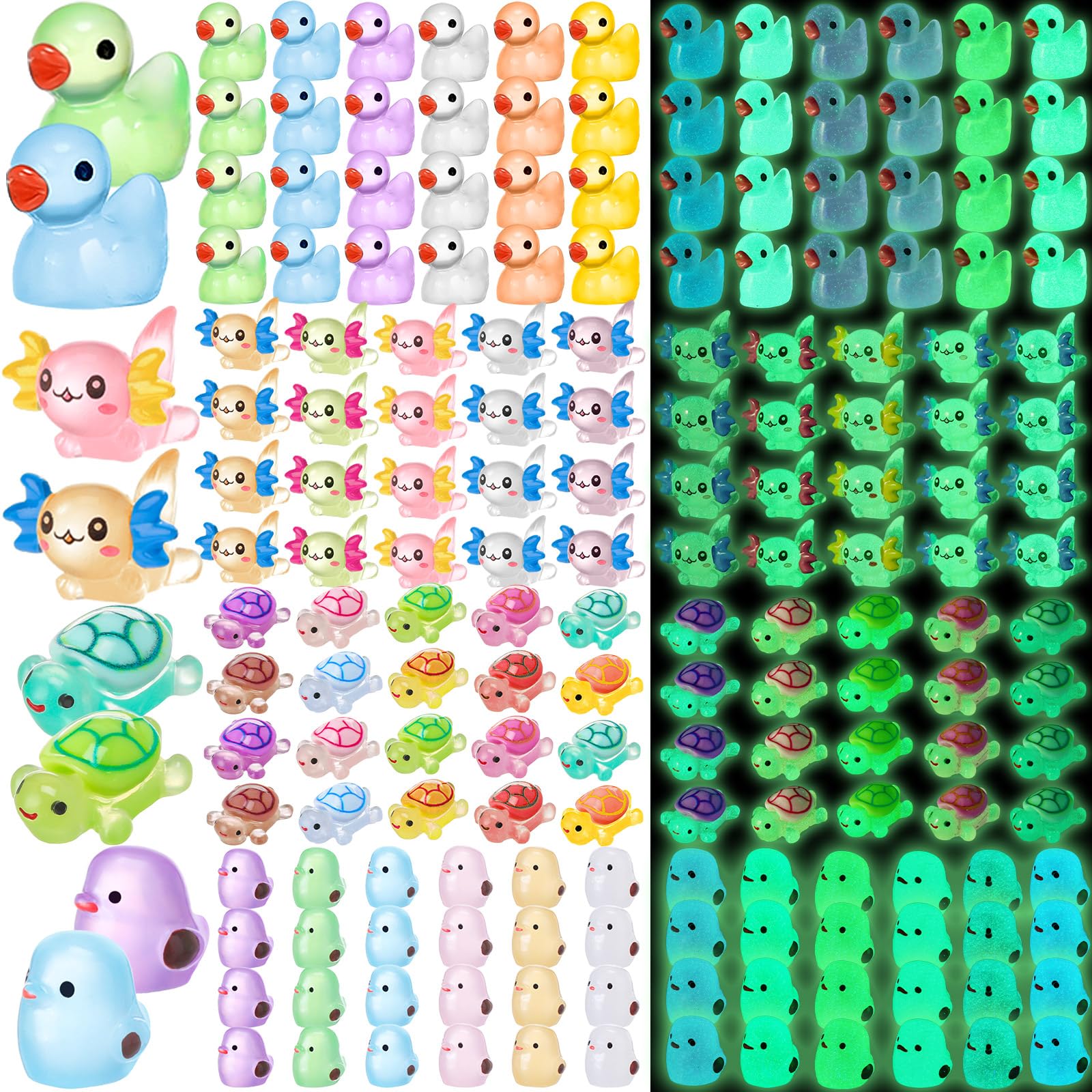 Barydat 200 Pcs Luminous Mini Resin Animals Figures Tiny Duck Axolot Lizard Dolphin To Hide Glow In The Dark Animal Figurines Fo