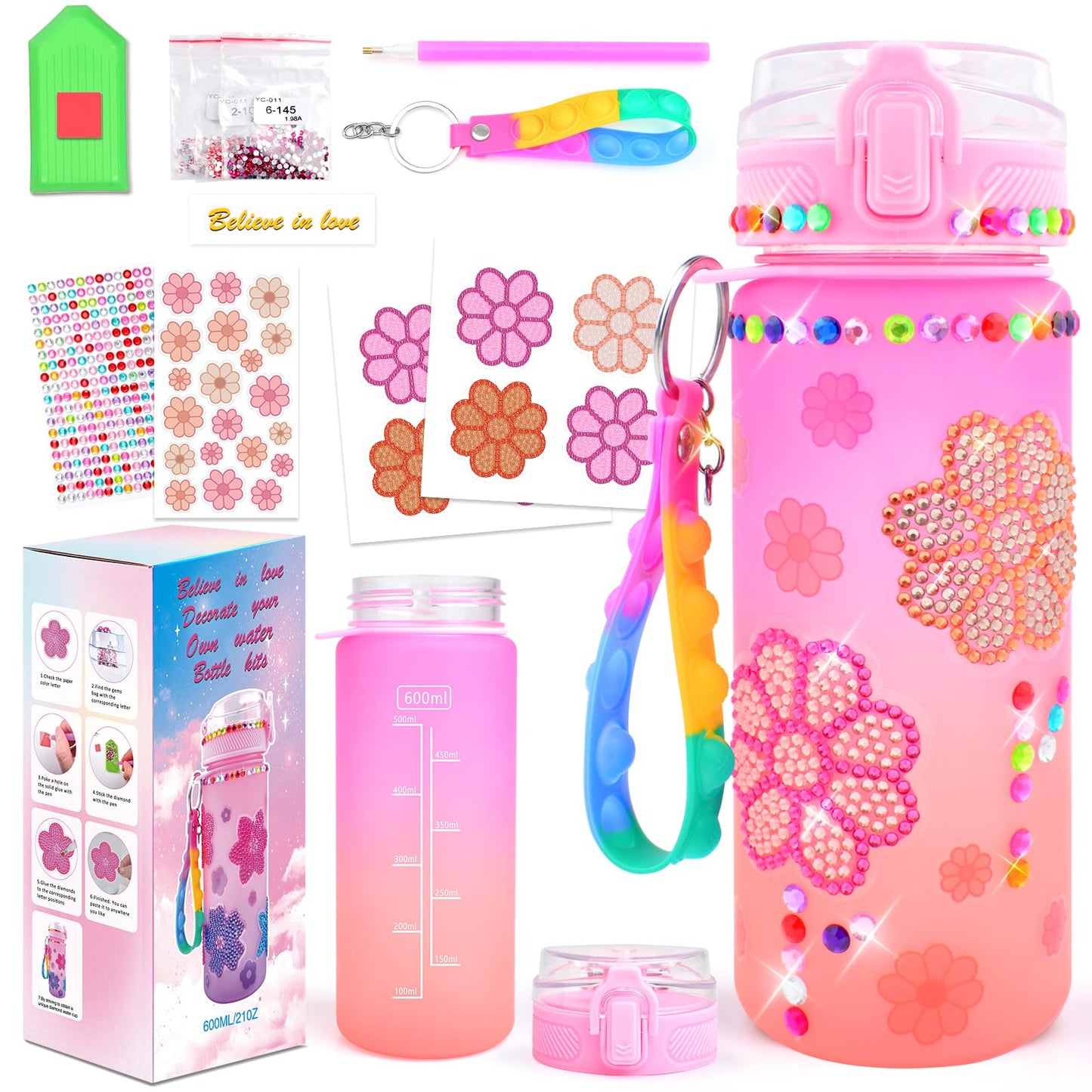 ASIOWELY Decorate Your Own Water Bottle Kits for Girls Age 4-12, Pink Orange Daisy Flower Diamond Painting Art and Crafts for Bo