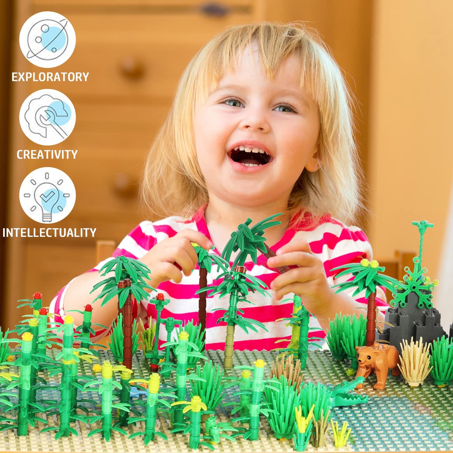 OLRMA Jungle Trees Building Bricks Set with 2 Base Plates, Multicolor Rainforest Plants & Animals Kit, Ideal for Kids & Adults