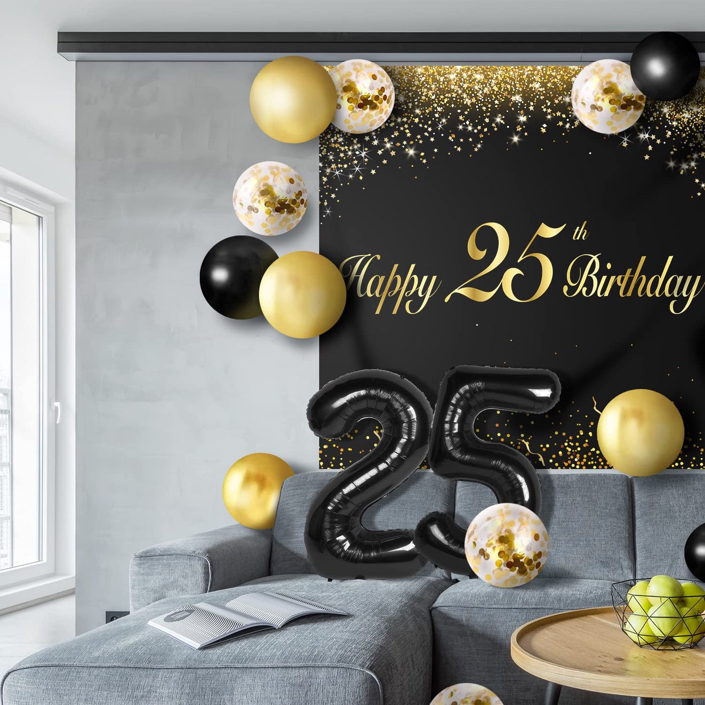 Happy 25Th Birthday Balloons Black Set Decor - Cheers To 25 Years Old Party Theme Garland Banner Backdrop Decorations For Women