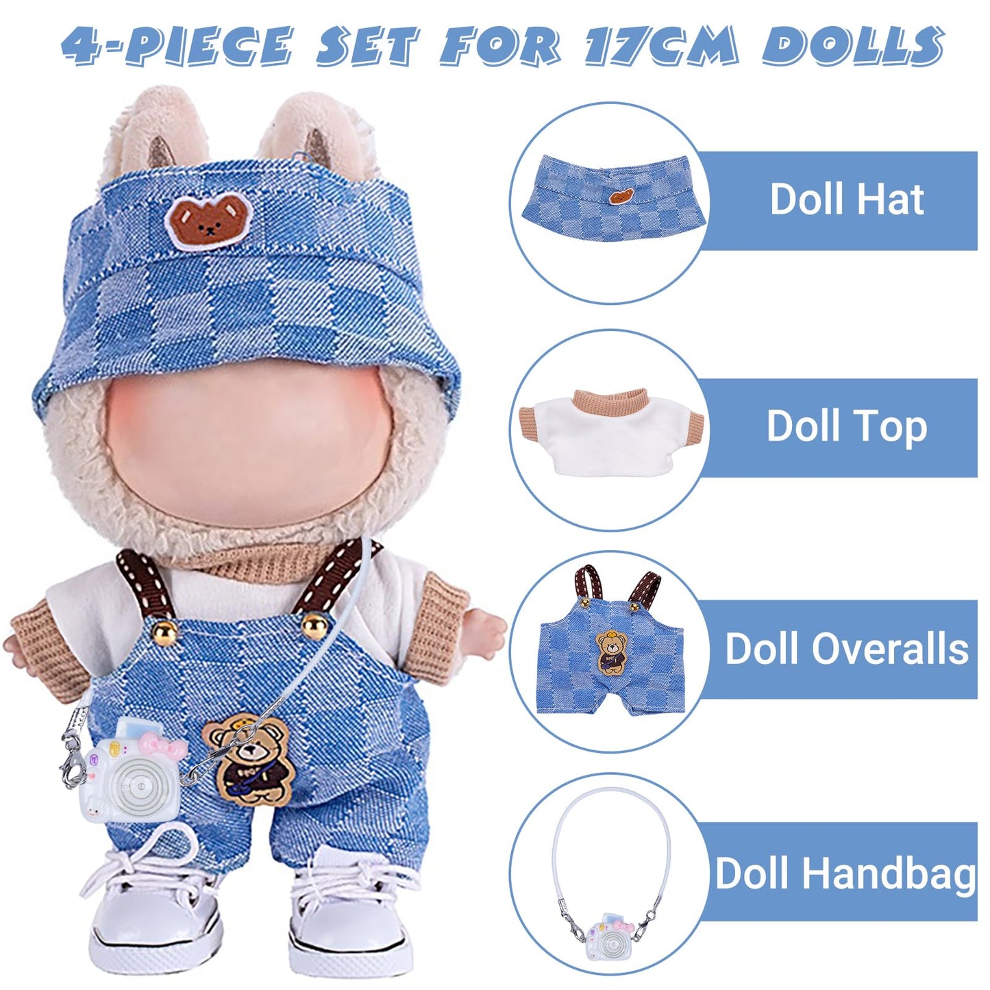 4pcs Handcrafted Doll Clothes Set for 15cm/17cm Labubu Dolls (No Doll  No Shoes)  Cute and enhanced Outfits Accessories  Stylish Clothes for Boys Girls Birthday Collectors (Blue Overalls Set) AK053BL