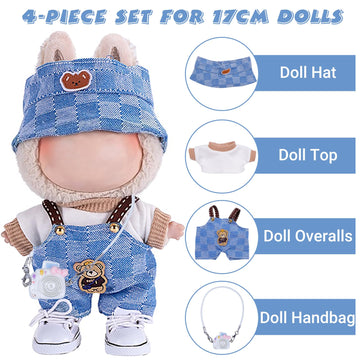 4pcs Handcrafted Doll Clothes Set for 15cm/17cm Labubu Dolls (No Doll  No Shoes)  Cute and enhanced Outfits Accessories  Stylish Clothes for Boys Girls Birthday Collectors (Blue Overalls Set) AK053BL