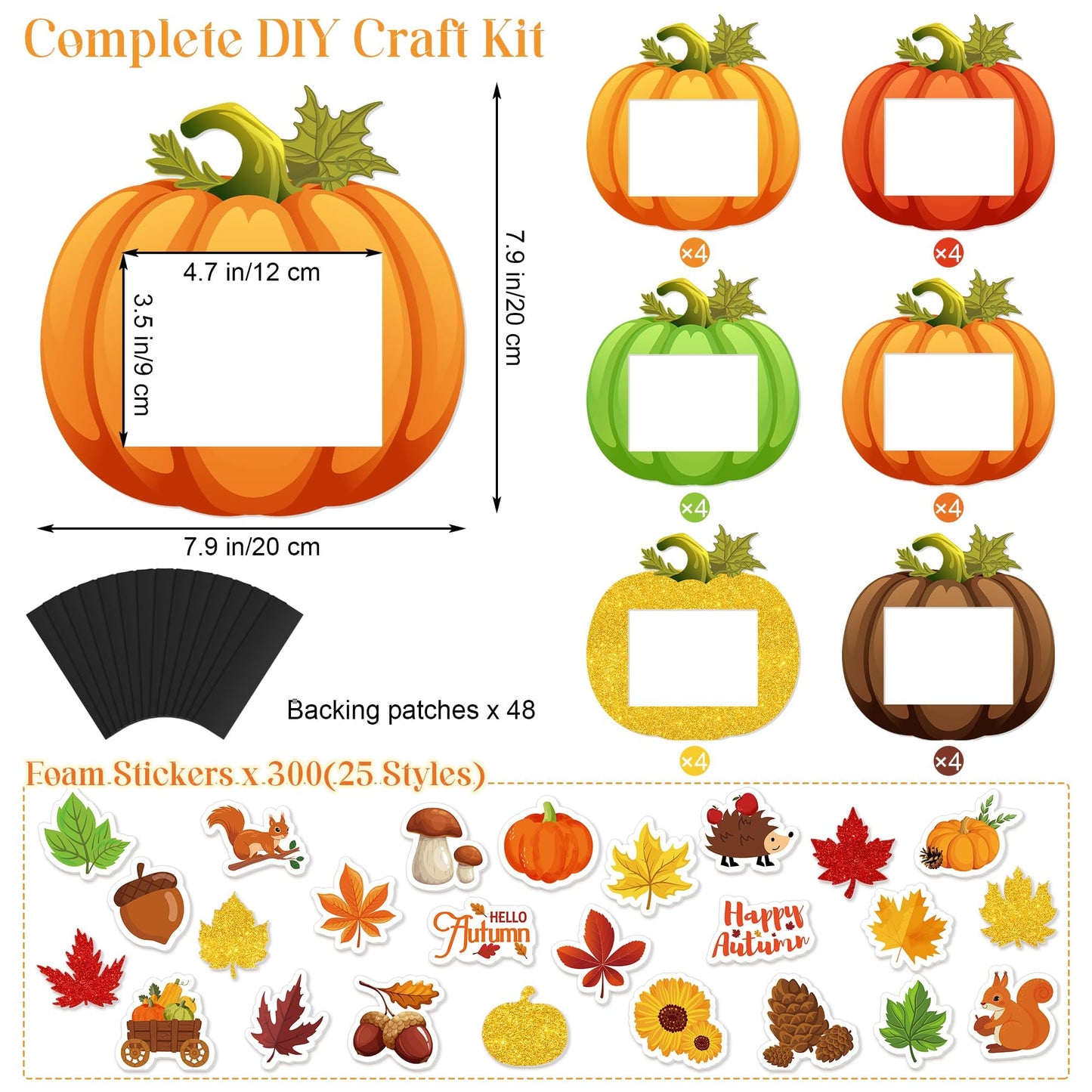 Fovths 24 Pack Fall DIY Foam Picture Frames Craft Kit Thanksgiving Autumn Pumpkin Photo Frame Ornaments with 300 Stickers for Th