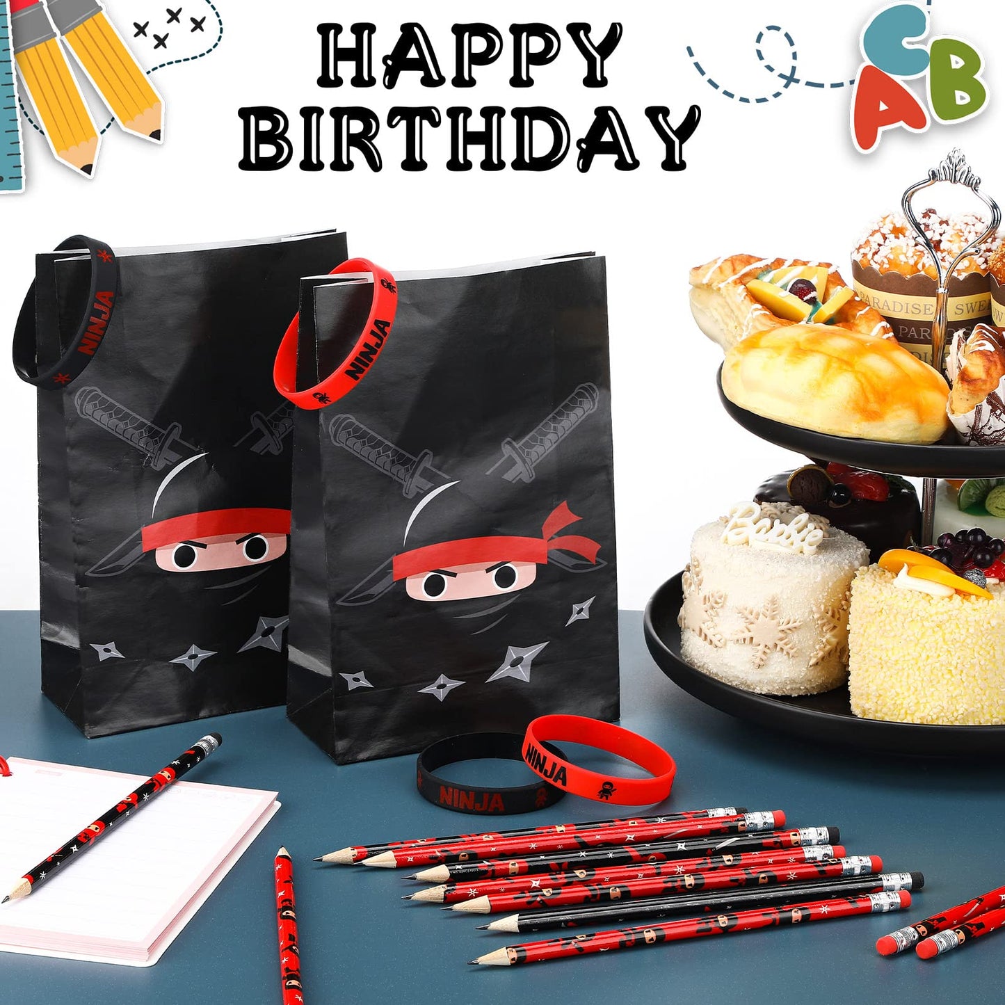Nezyo Ninja Pencils Set - 24 Wooden Pencils with Erasers for Kids Party Favors, Stocking Stuffers, Classroom Rewards, and Carnival Goodie Bags