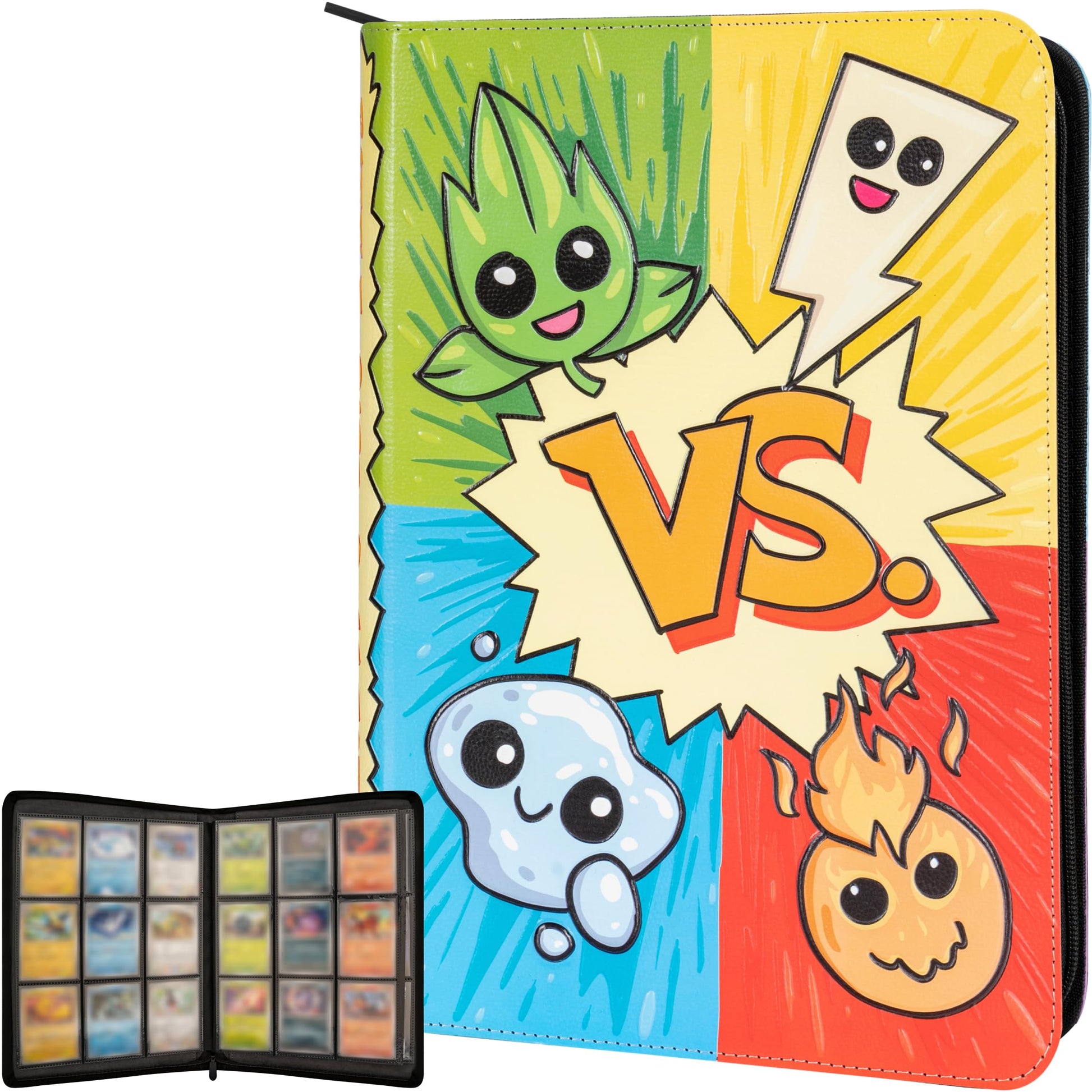 3D Card Binder For Pokemon - Stunning 3D Raised Pk Types Design In Pu Leather With Zipper - Includes 9 Pocket Pages For 360 Card