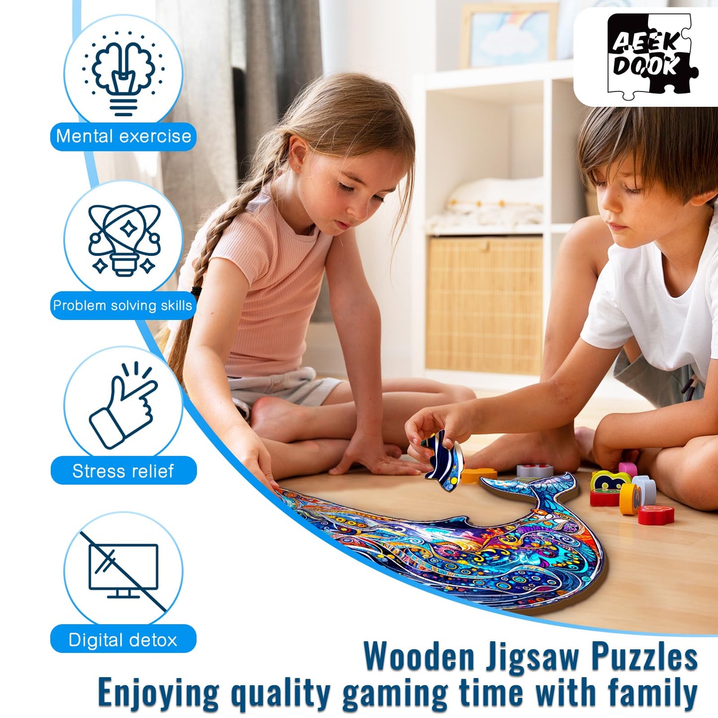 Aeekdook Wooden Puzzle for mature-themeds - Blue Whale Wood Puzzles mature-themed - Unique Animal Shape Wooden Jigsaw Puzzles for mature-themeds - Birthday Gifts for Puzzle Lovers  Family (12.2 * 9.7in)