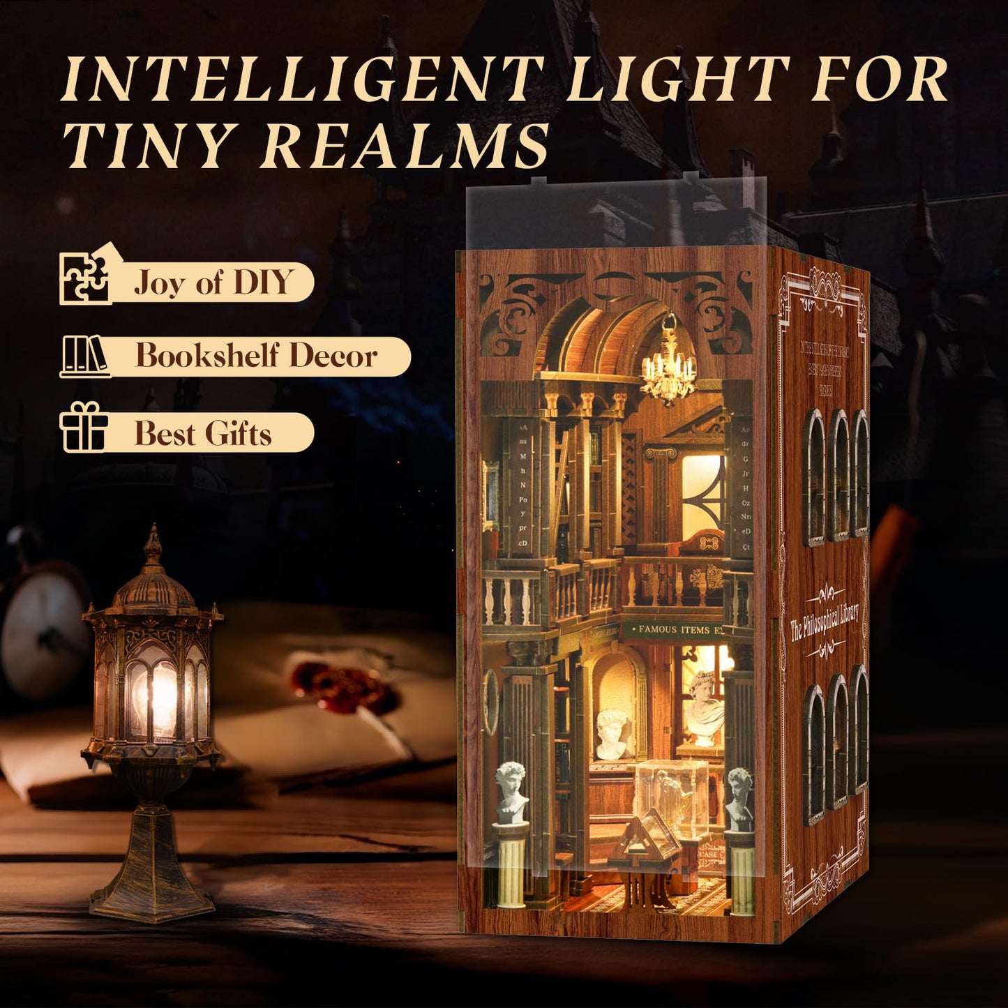 Sunnino Book Nook Kit - Diy Miniature House Kit 3D Wooden Puzzles With Led Lights, Diy Book Nook Kits For Adults Unique Doll Hou