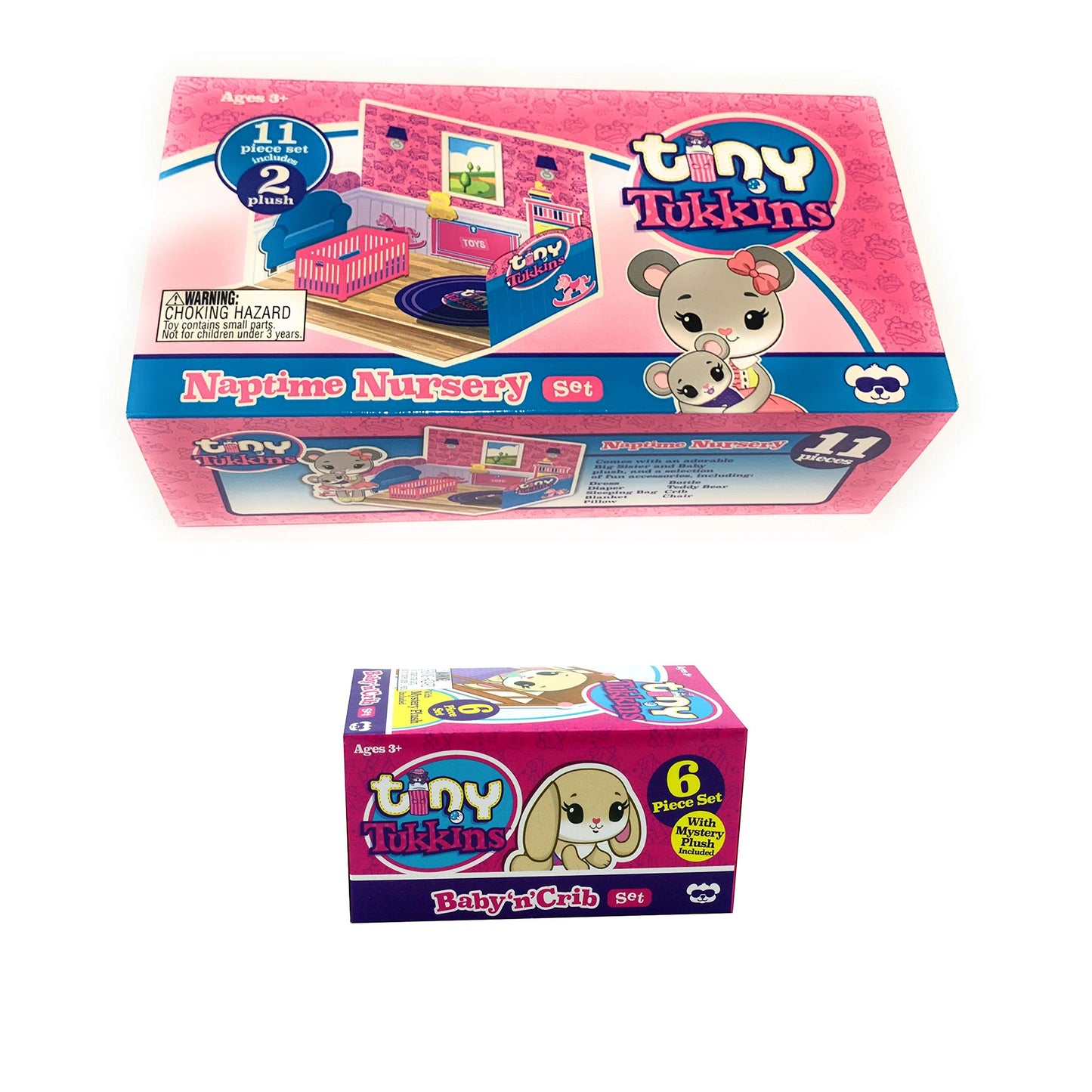Tiny Tukkins Mouse Family Playset - Plush Naptime Nursery Set for Girls & Toddlers - Includes Big Sister & Baby Mouse - Core Playsets