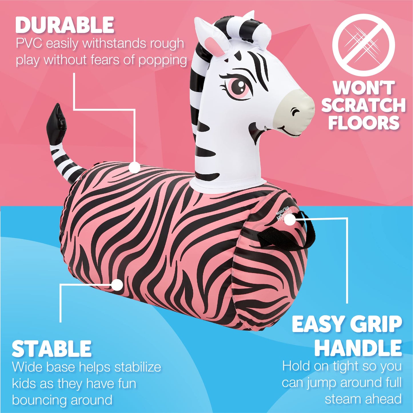 Waddle Hip Hopper Inflatable Hopping Animal Bouncer Zebra, Ages 2 And Up, Supports Up To 85 Pounds