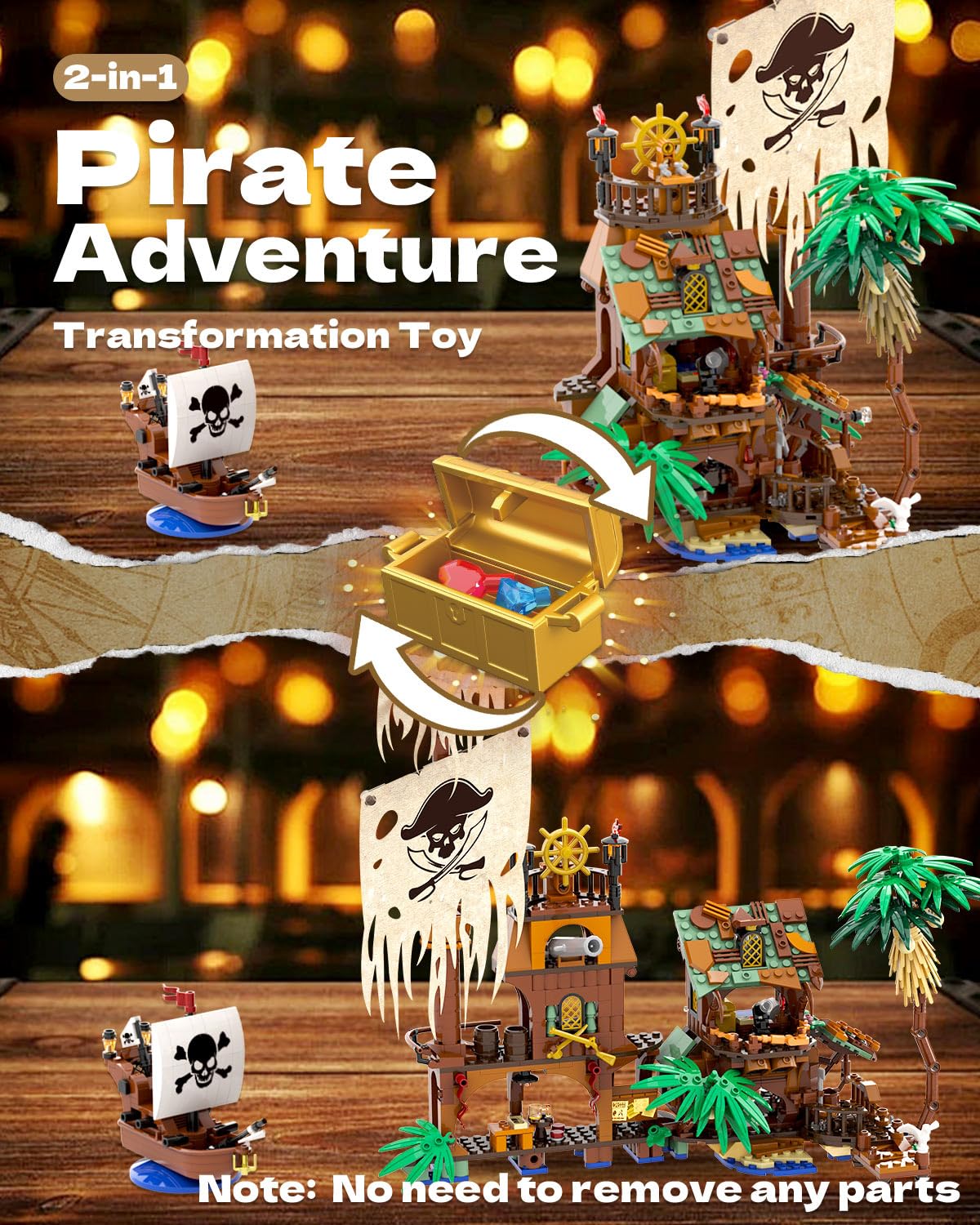 Pirate Ship Building Kit, 2-In-1 Pirate Wharf Building Set For Adults, Building Toys Gift For Kids Boys 8-12, Compatible With Le