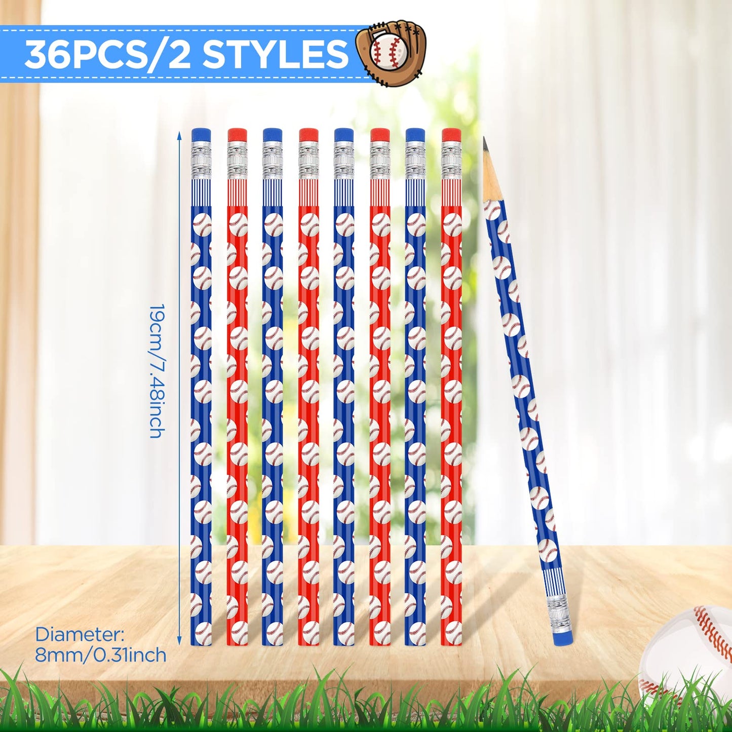 RUMIA 36 Pcs Baseball Pencils for Kids Fun Wooden Pencils with Eraser for Baseball Party Favors for Baseball Birthday Party Stud