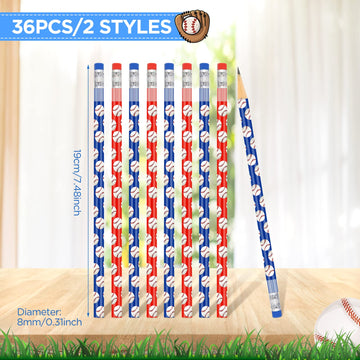 RUMIA 36 Pcs Baseball Pencils for Kids Fun Wooden Pencils with Eraser for Baseball Party Favors for Baseball Birthday Party Stud