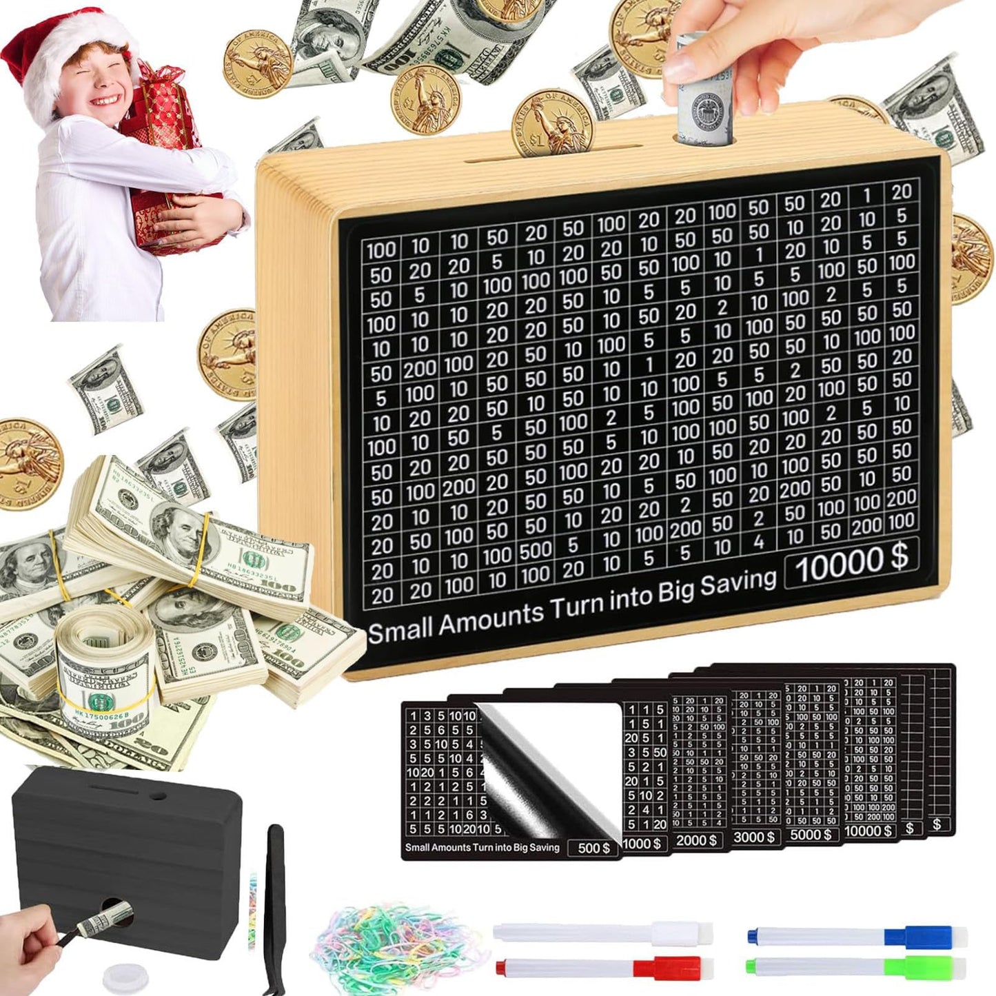 10000 Money Saving Box No Install Required Cash Vault Wooden Savings Challenge Box Piggy Bank for with $10000 $5000 $3000 $2000 $1000 $500 Target for Kids mature-themed Xmas Gift(8 Target Wood Color)