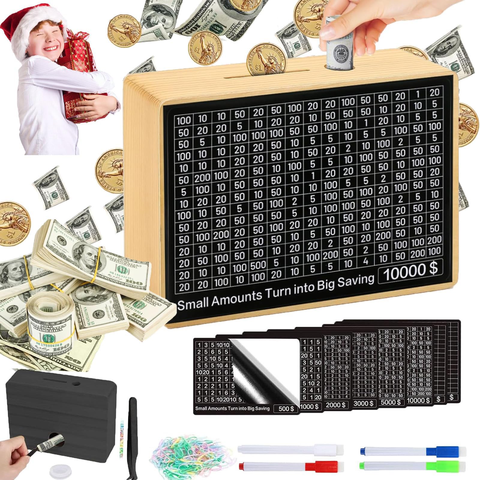 10000 Money Saving Box No Install Required Cash Vault Wooden Savings Challenge Box Piggy Bank for with $10000 $5000 $3000 $2000 $1000 $500 Target for Kids mature-themed Xmas Gift(8 Target Wood Color)