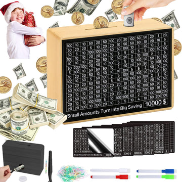10000 Money Saving Box No Install Required Cash Vault Wooden Savings Challenge Box Piggy Bank for with $10000 $5000 $3000 $2000 $1000 $500 Target for Kids mature-themed Xmas Gift(8 Target Wood Color)