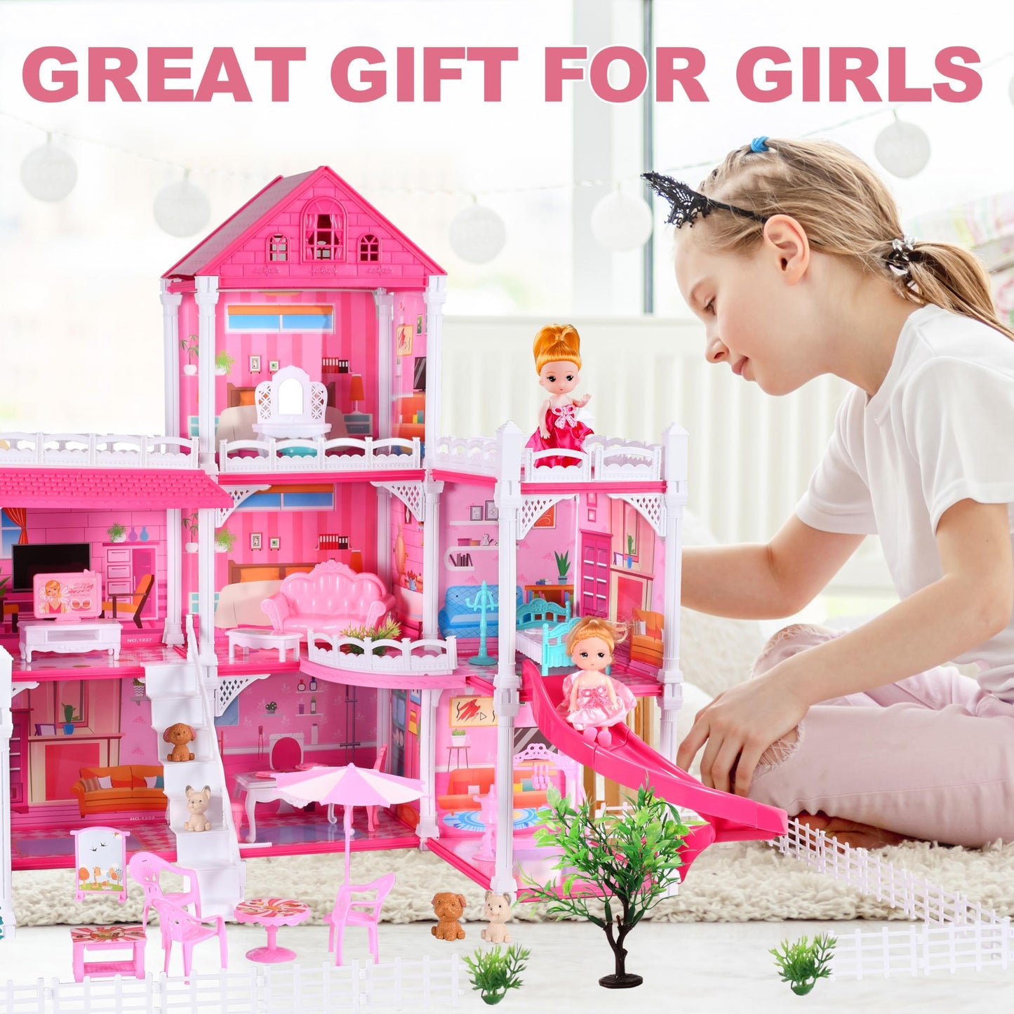 Seifar Doll House for Girls 8 Rooms Dollhouse with Dolls Figure  Puppies Furnitures  Accessories  Toddler Playhouse Gift for for 3 4 5 6 7 8 9 10 Year Old Girls
