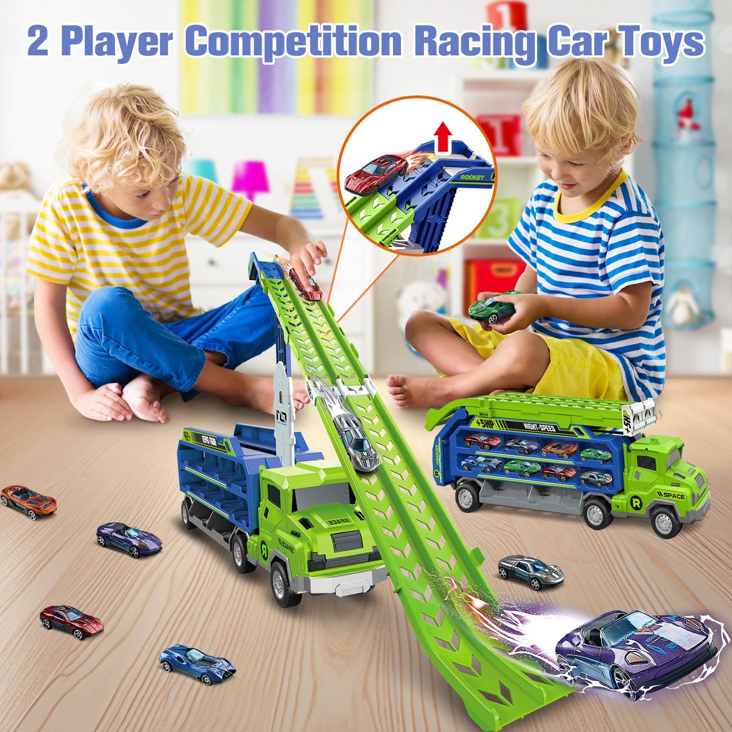 Kids Toys for 2 3 4 5 6 7 8 Years Old Boys, Carrier Truck Transport Car Toys, Foldable 2 Layer Car Race Track Playset with 46-in