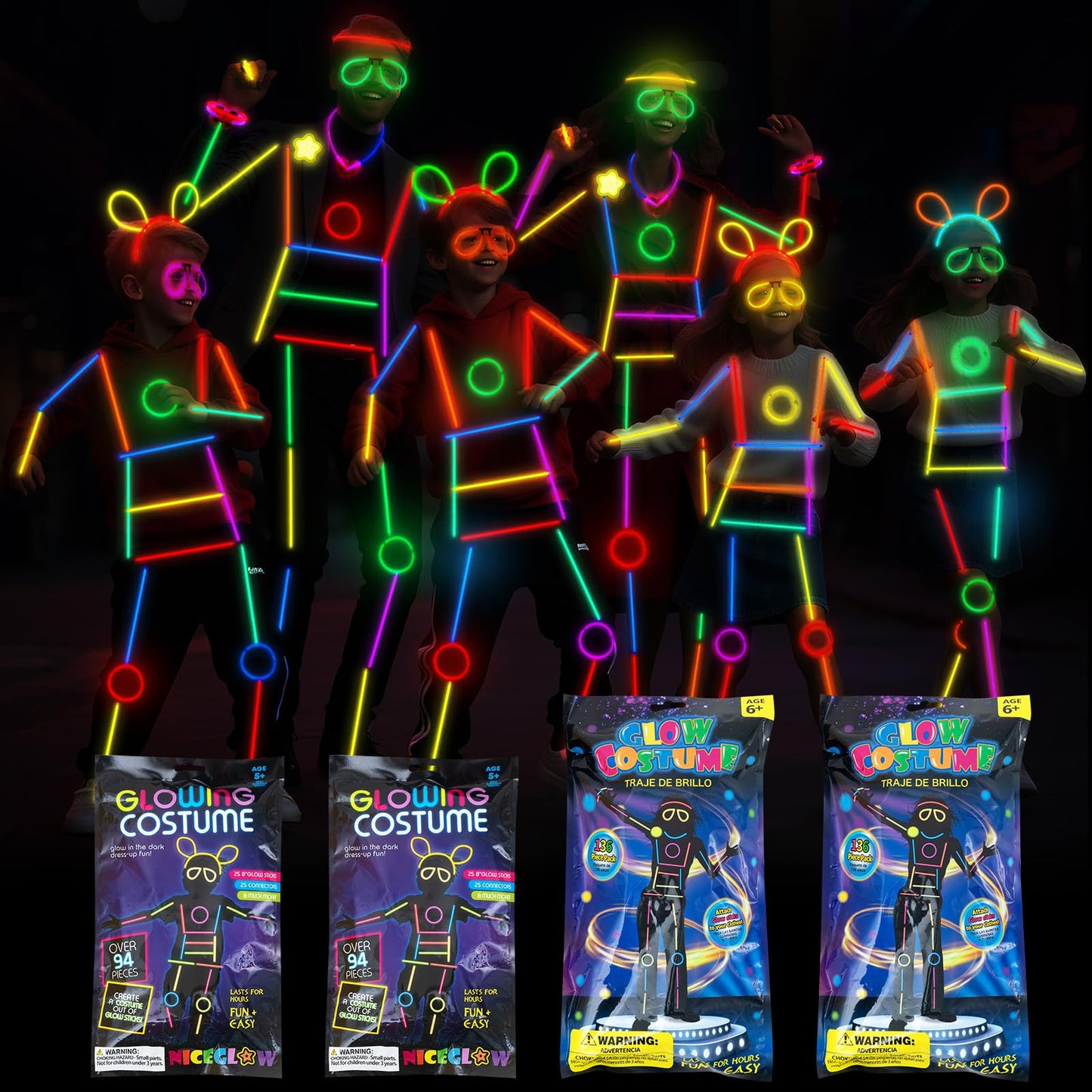 Lewtemi 4 Set Halloween Glow Stick Figure Costume, 460 Pcs Light up Stick Figure Costume, Glow in the Dark Outfits, Eyeglasses, 