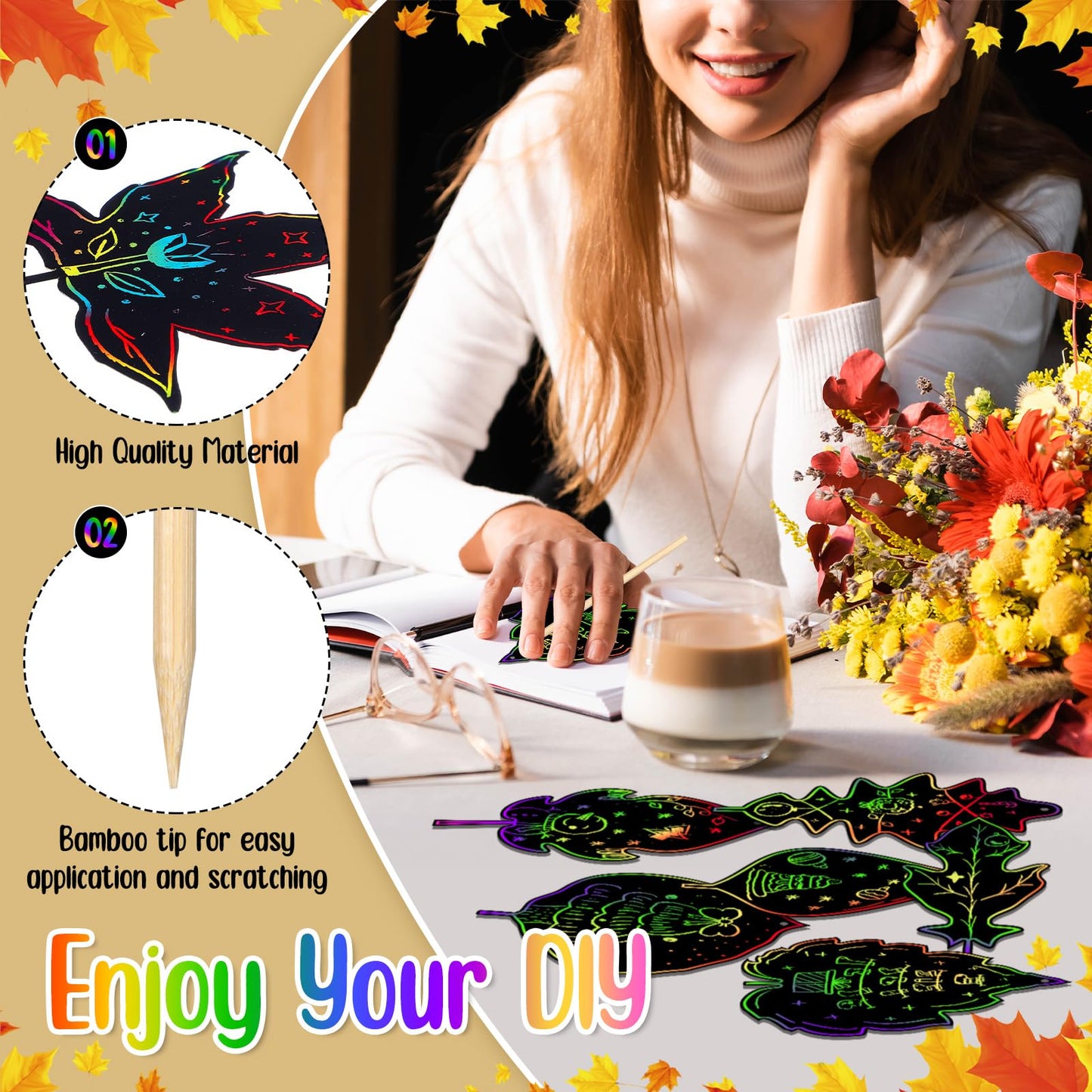 Qilery 120 Pcs Fall Thanksgiving Craft Art Activities Autumn Magic Leaves Scratch Paper Harvest Colorful Rainbow Leaf Scratch Ki