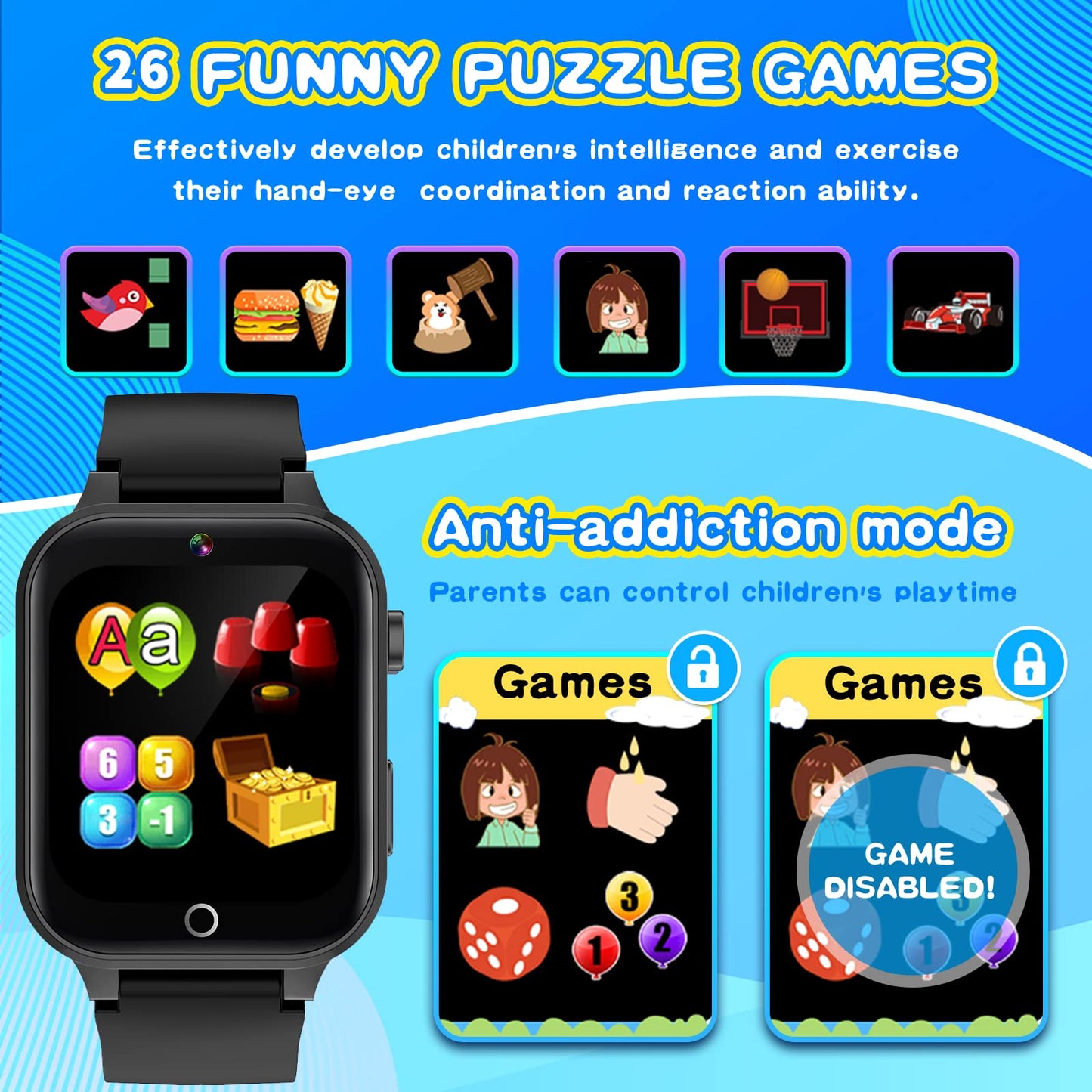 Cosjoype Smart Watch For Kids With 26 Puzzle Games Hd Touchscreen Camera Video Music Player Habit Tracking Pedometer Alarm Flashlight 12/24 Hr Educational Toys Birthday Gift For Girls Boys Ages 8 9 10