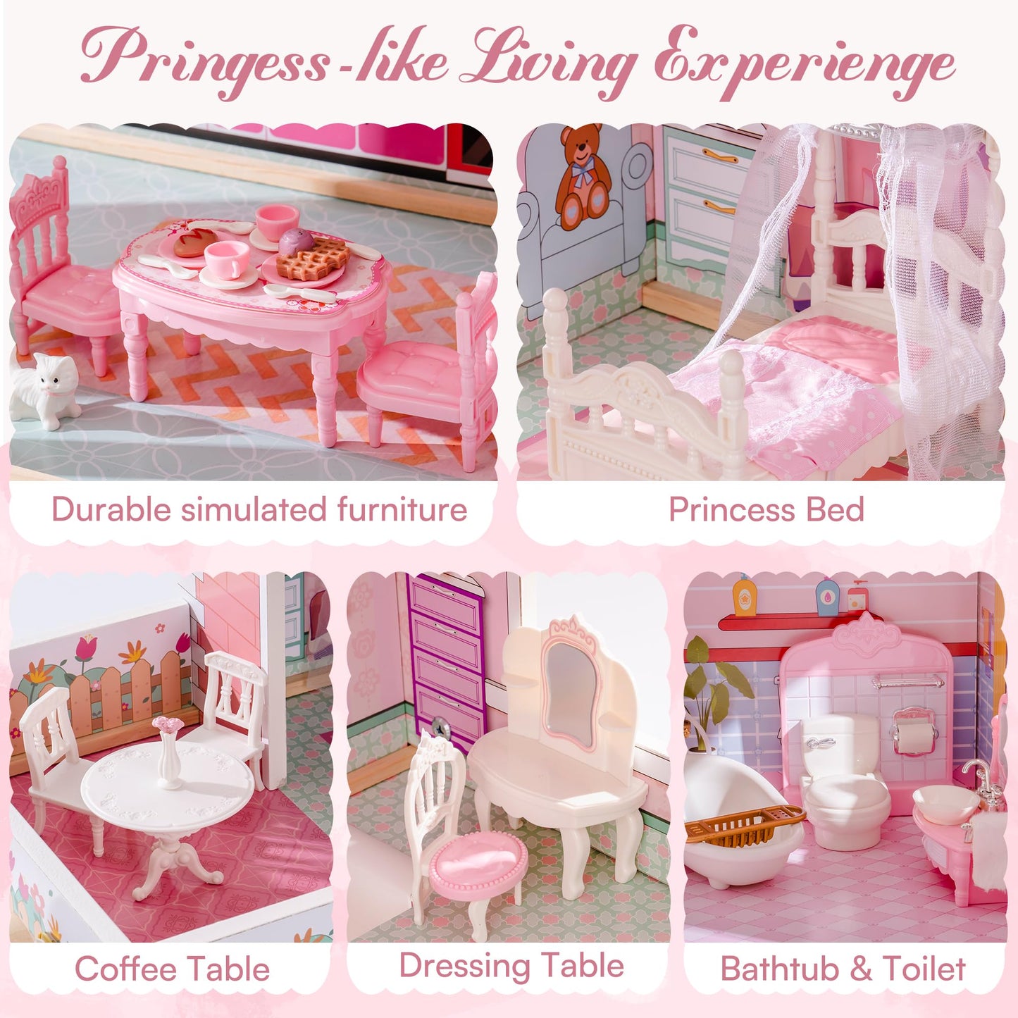 ROBOTIME Wooden Dollhouse, Doll Houses Playset with 24 Pcs Furniture for 4, 5, 6-Inch Dolls, Dollhouse Gift for 3+ Year Old Girl