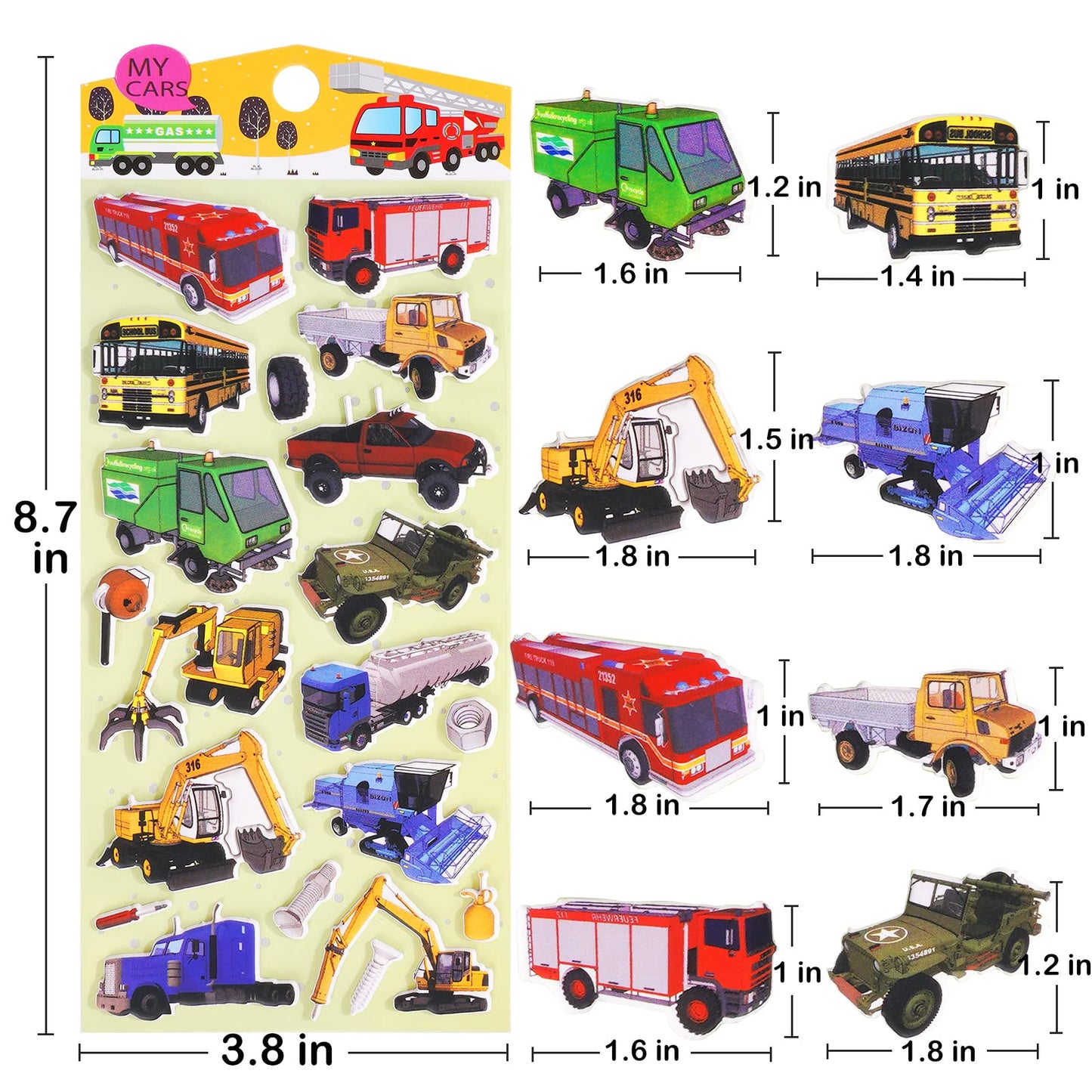 3D Puffy Vehicle Stickers For Kids Toddlers, 4 Packs Cute Truck Stickers For Boys, Reusable Squishy Stickers Window Clings With
