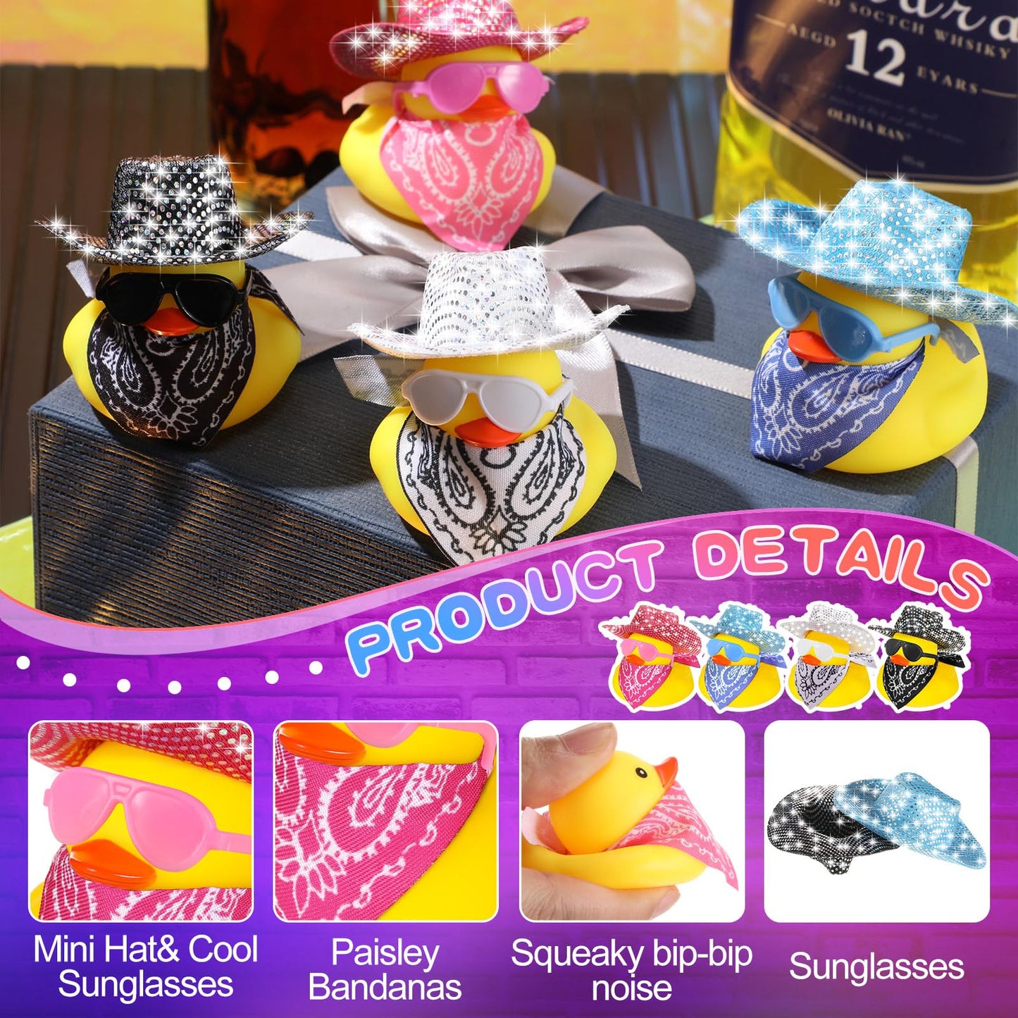Hanaive 24 Sets Disco Cowboy Rubber Duck with Light up Mini Holographic Space Hat Scarf Sunglasses Cute Bath Rubber Duck Bathtub Accessories Toy Baby Shower Birthday Christmas Supplies (Bling Style)