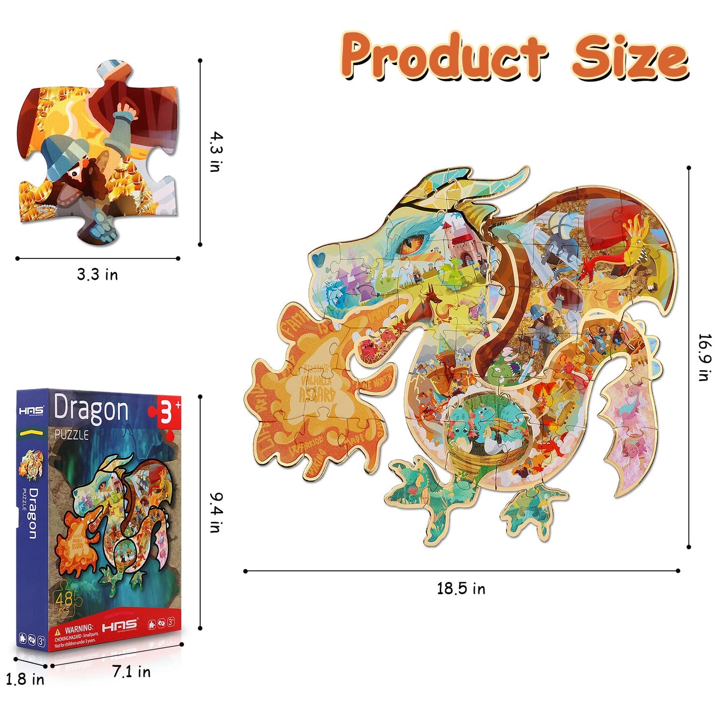 Has Floor Puzzles For Kids Ages 4-8, Fire-Breathing Dragon Shape Double-Sided Puzzle, 48 Piece Large Children Jigsaw Puzzle For