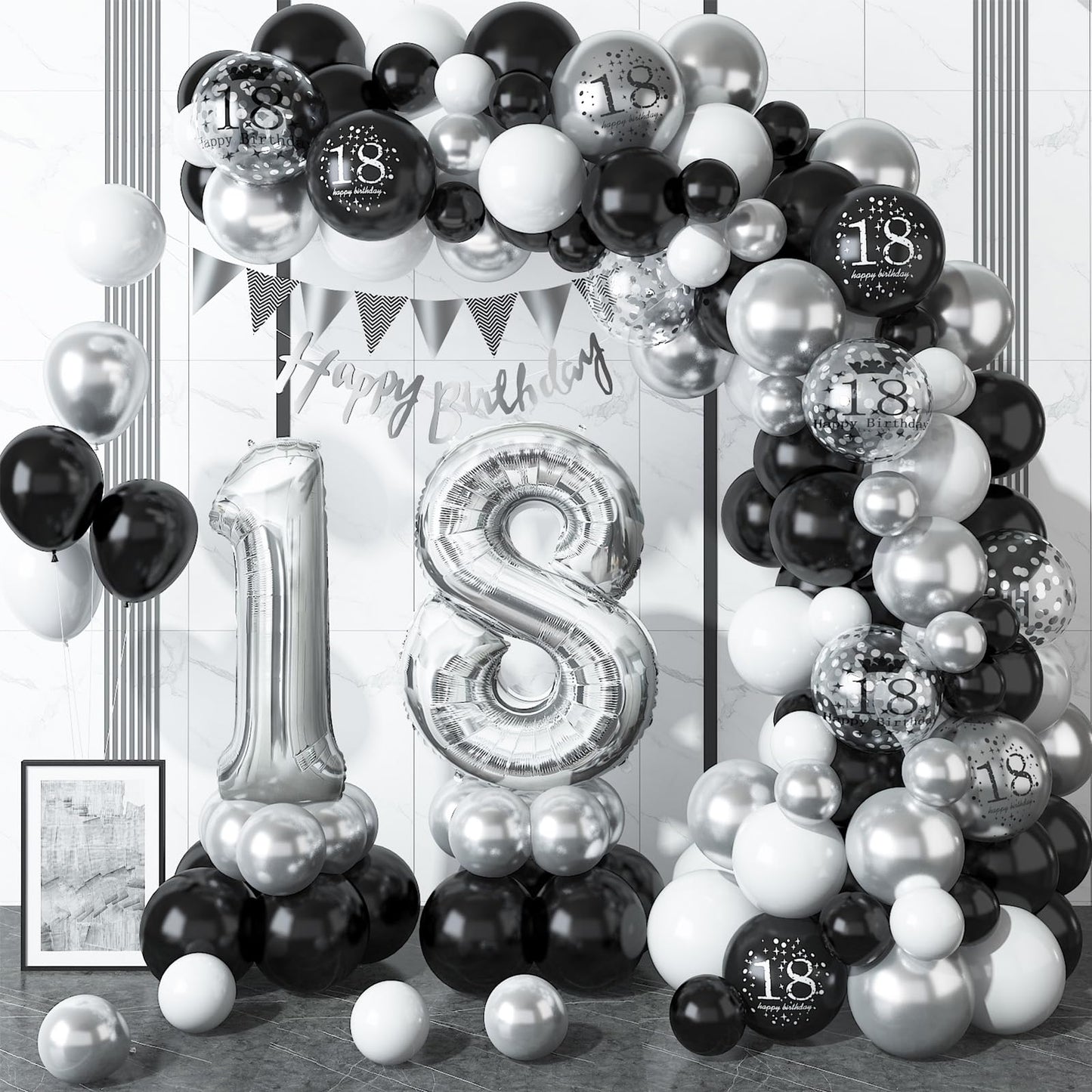 18Th Birthday Decorations Black Silver,18Th Birthday Balloon Garland Party Decorations With Number 18 Foil Balloons,Happy Birthd