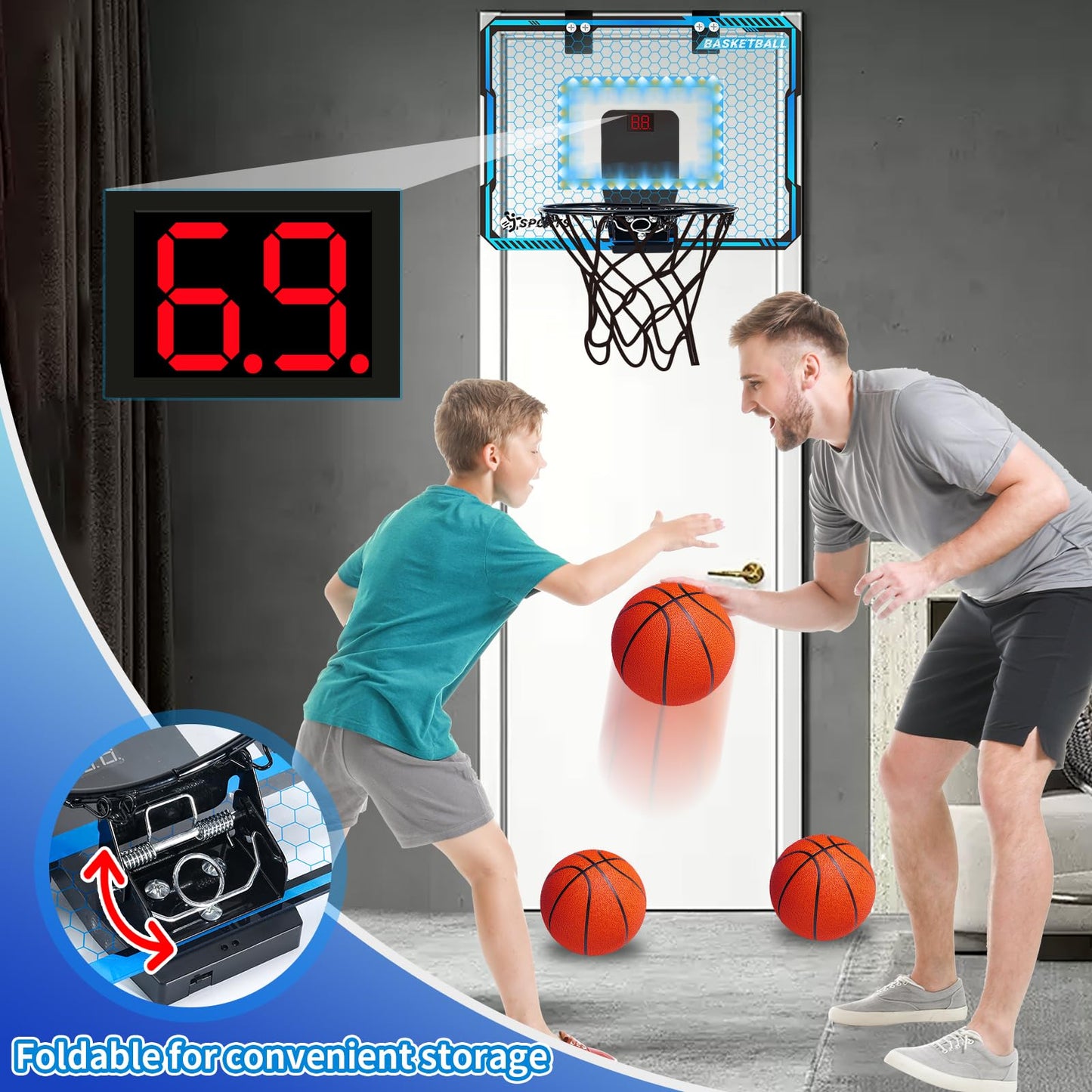 Basketball Hoop Indoor With Led Lights, Basketball Toys Gifts For 5 6 7 8 9 10+ Year Old Boys Kids, Indoor Over The Door Mini Ba