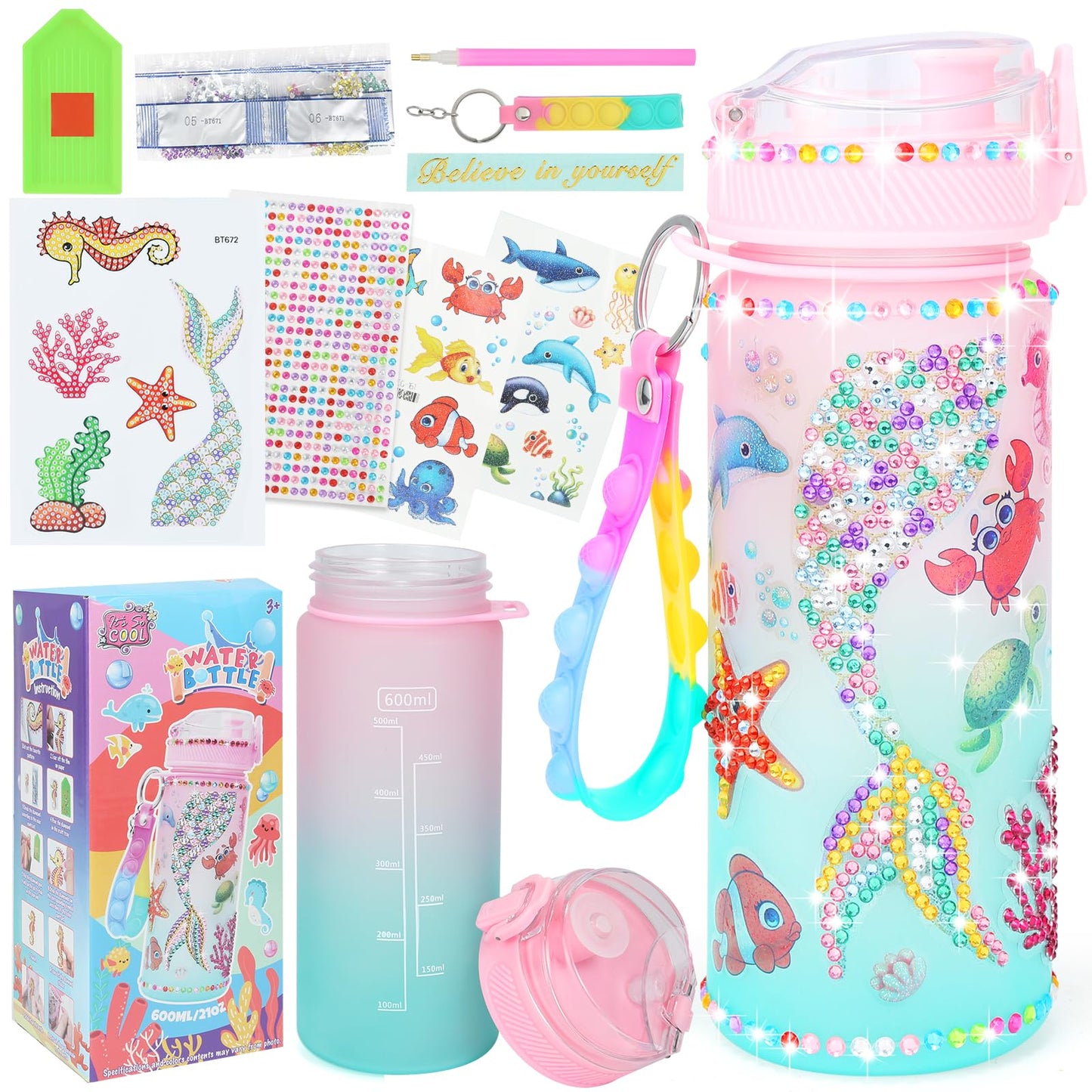 Decorate Your Own Water Bottle Kits For Girls Age 4-13, Mermaid Gem Girls Diamond Painting Crafts, Arts And Crafts Kits Toys Birthday Gifts For 4 5 6 7 8 9 10 Year Old Girls Kids (Mermaid 600Ml)
