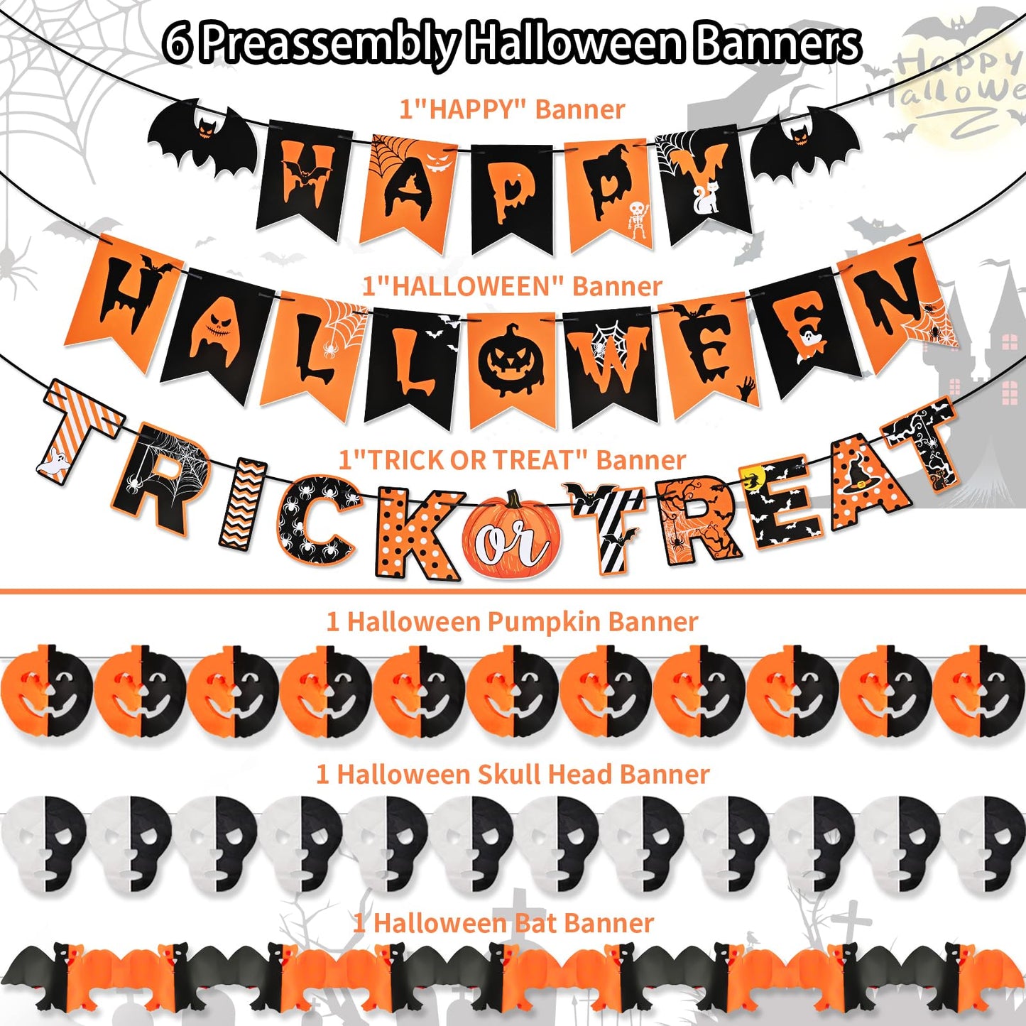 Ahfulife Halloween Party Decorations Set, Reusable Halloween Indoor Decorations Kit Including Happy Halloween Paper Banner For H
