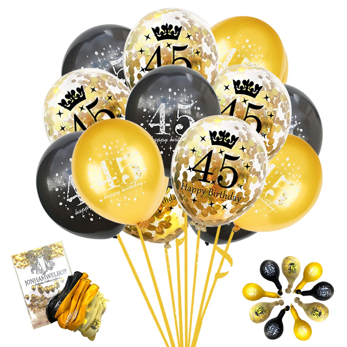 Jonhamwelbor 45Th Birthday Balloons 45 Years Black Gold Latex Confetti Printed Number Balloons For Men Women Birthday Party Deco