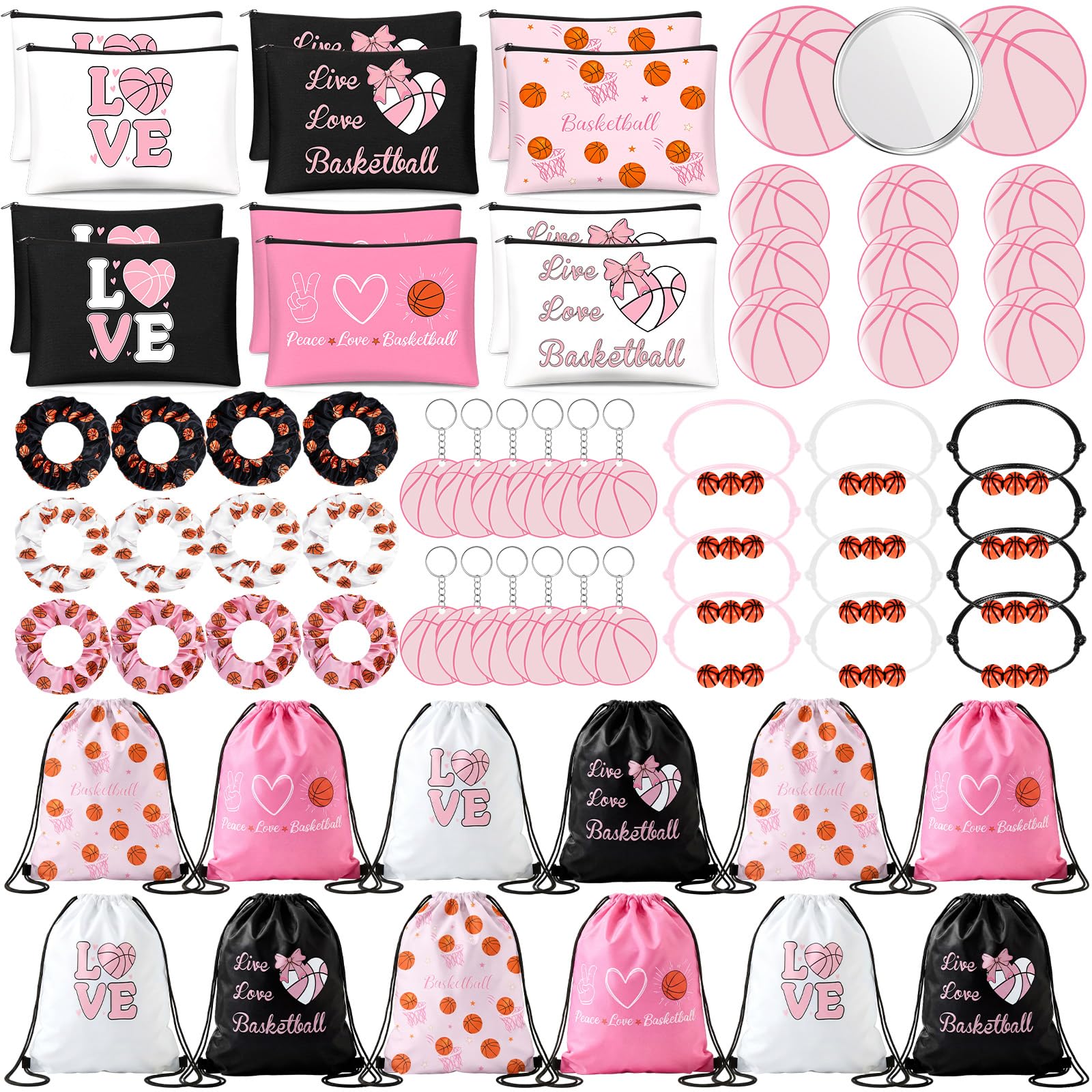 Yeyeplum 75 Pieces Basketball Team Gifts Set Includes 12 Pcs Makeup Bag 12 Ball Drawstring Bags 12 Hair Ties 12 Bracelets 12 Pcs