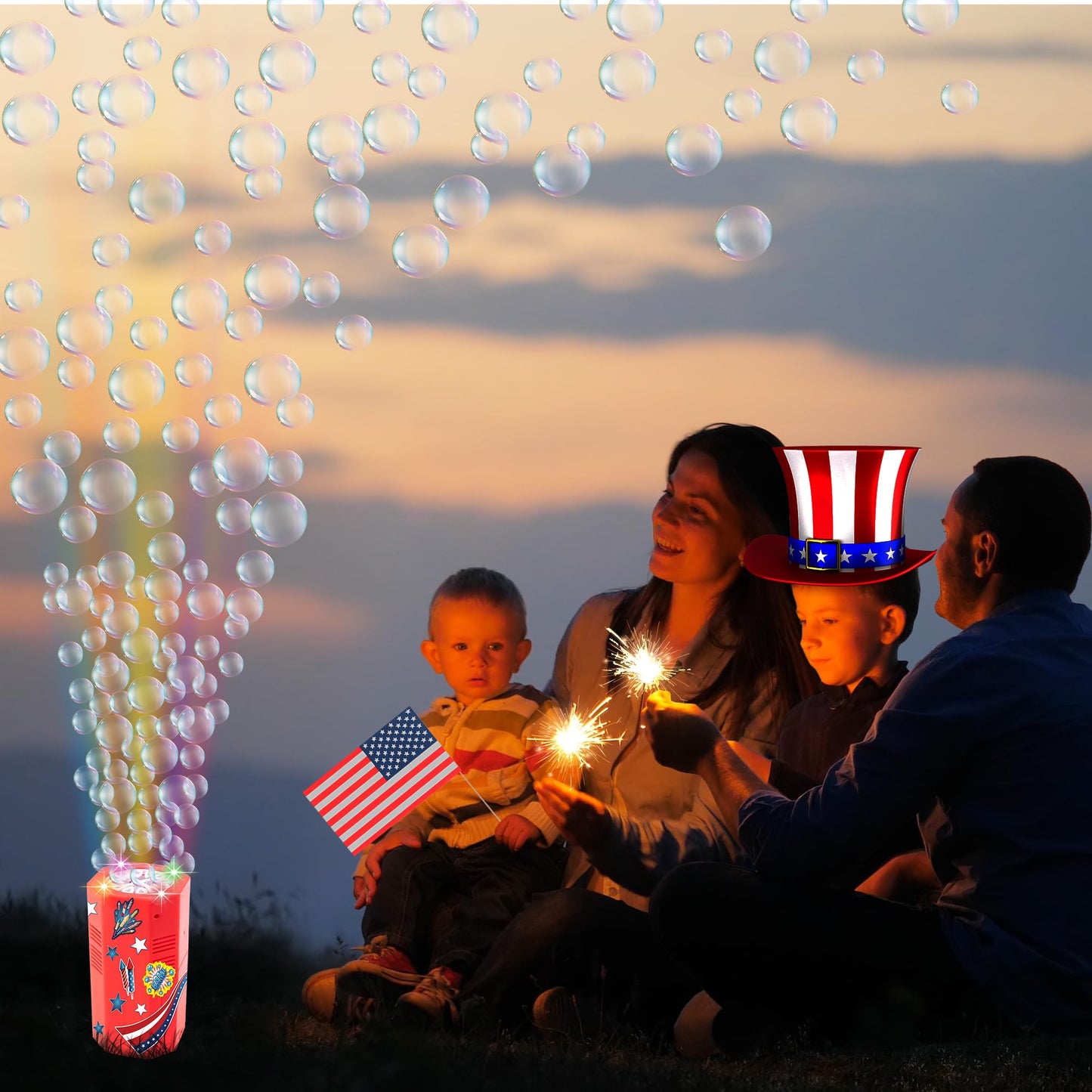 ArtCreativity  Bubble Machine - Bubble Blower Toy with Sound Effects and Flashing LED Lights - Includes Bubble Solution  Batteries  Stickers  for 4th of July  Great Party Supplies