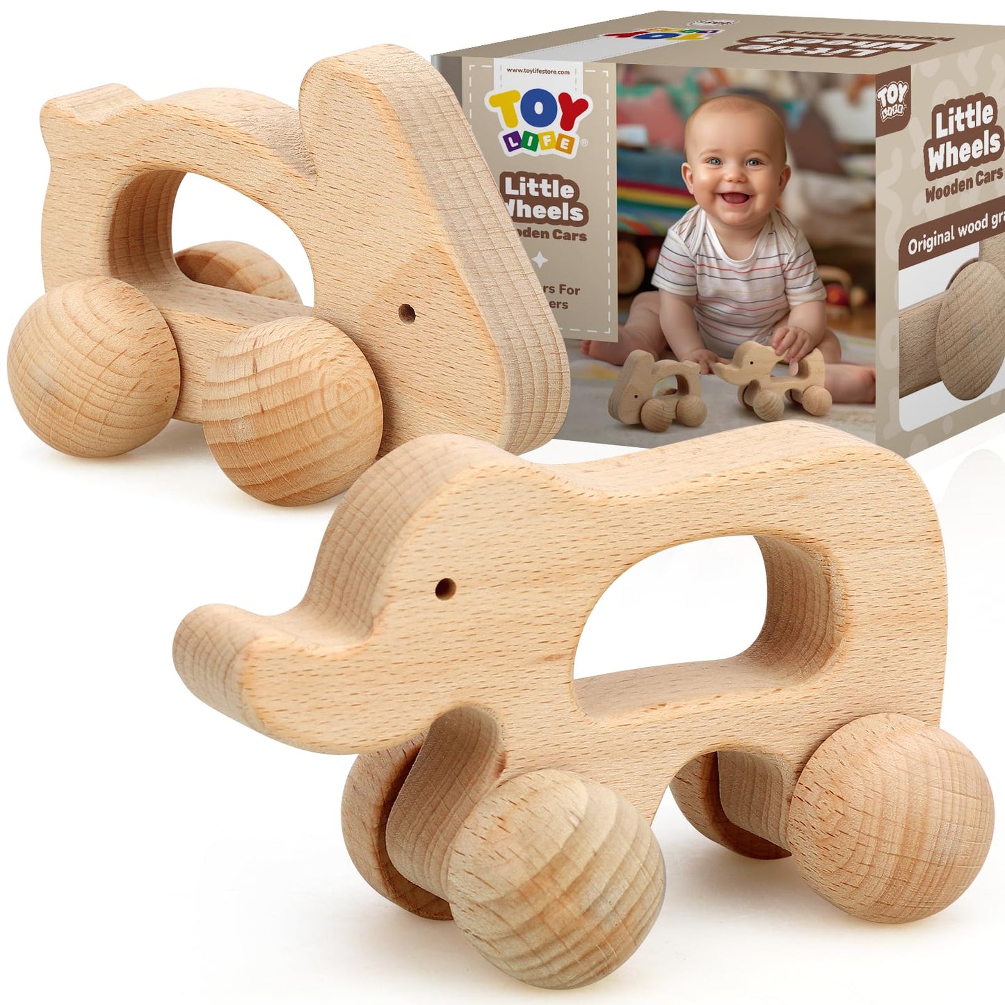 Toy Life Wooden Toys Cars, Animal Wooden Cars, Montessori Toys For Babies 0-6-12 Months, Wooden Baby Toys For 1 Year Old Boy Birthday Gift, Baby Boy Nursery Decor, Elephant & Rabbit Toy Car
