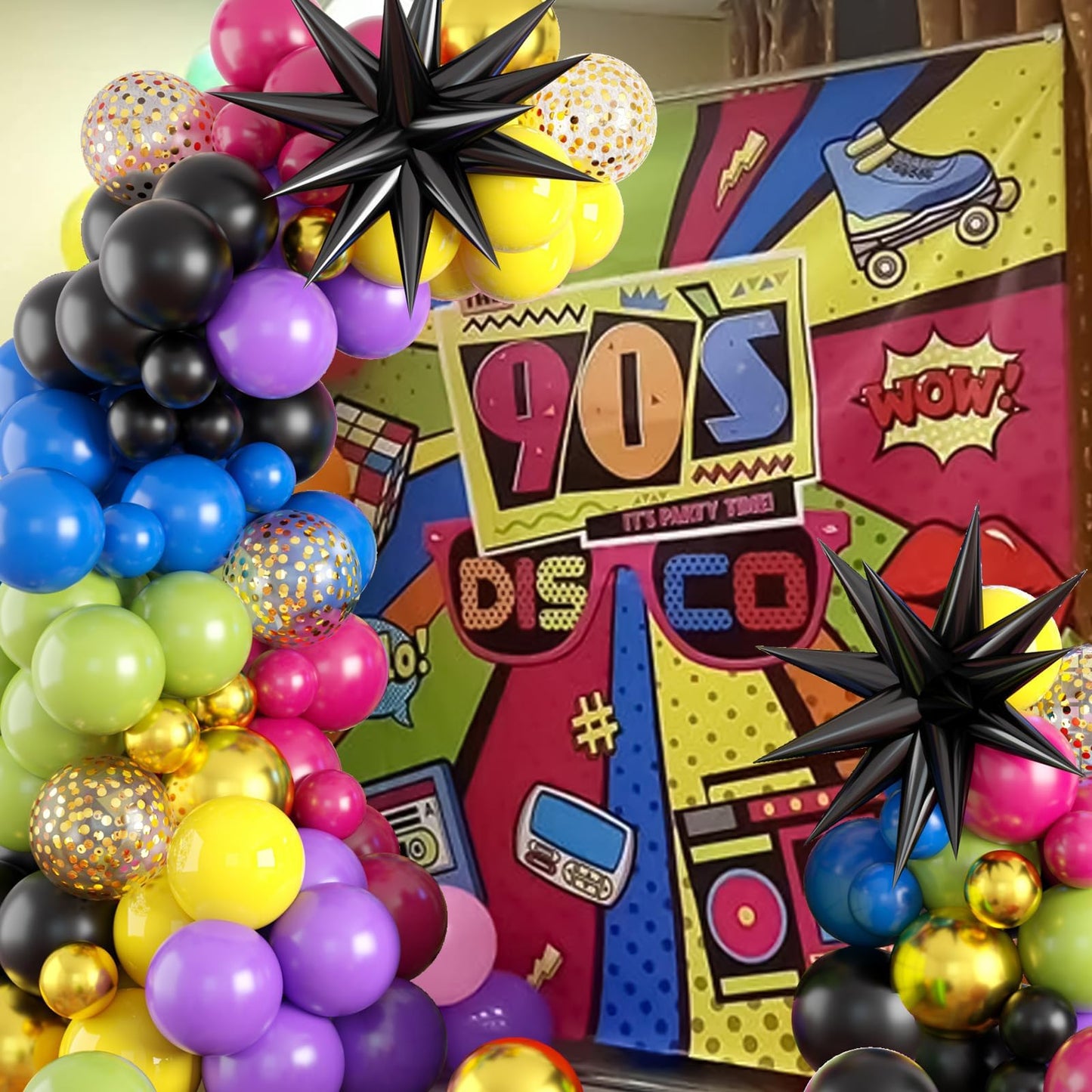 80S 90S Theme Party Balloon Garland Arch Kit, Black Rose Red Purple Green Blue Yellow Metallic Gold Latex Balloons Decorations B