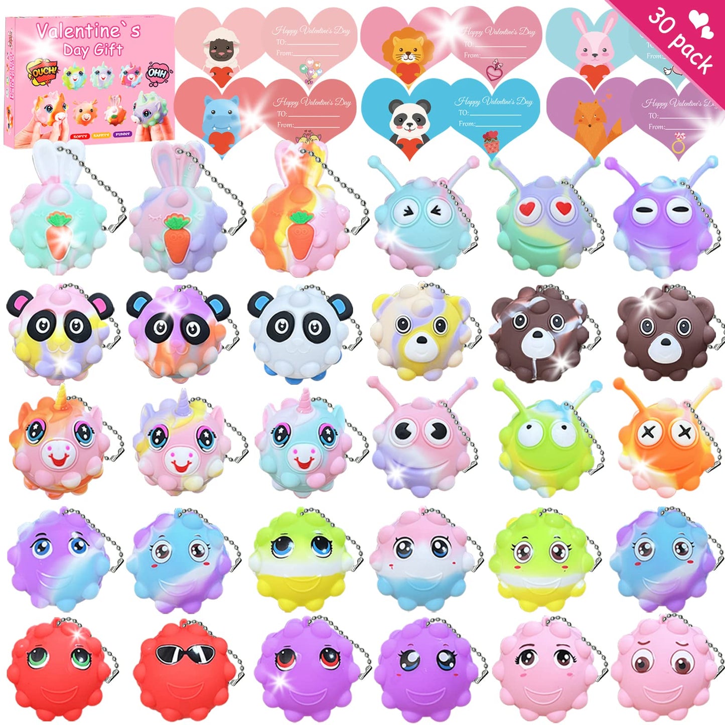 Valentines Day Gifts for Kids,30 Valentines Day Cards for Kids Classroom with 30 Pack Pop Fidget Ball,Party Favors for Kid, Exch