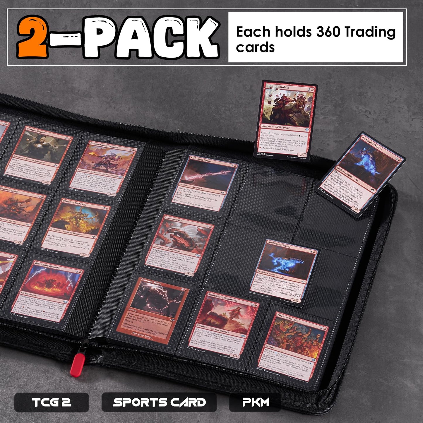 ProCase 2 Pack Trading Card Binder with Side Label; Holds 360 Trading Card with 9 Pockets; enhanced Zipper Card Collection binder Album Folder for Sports Cards  TCG  MTG  PKM -Rednavy