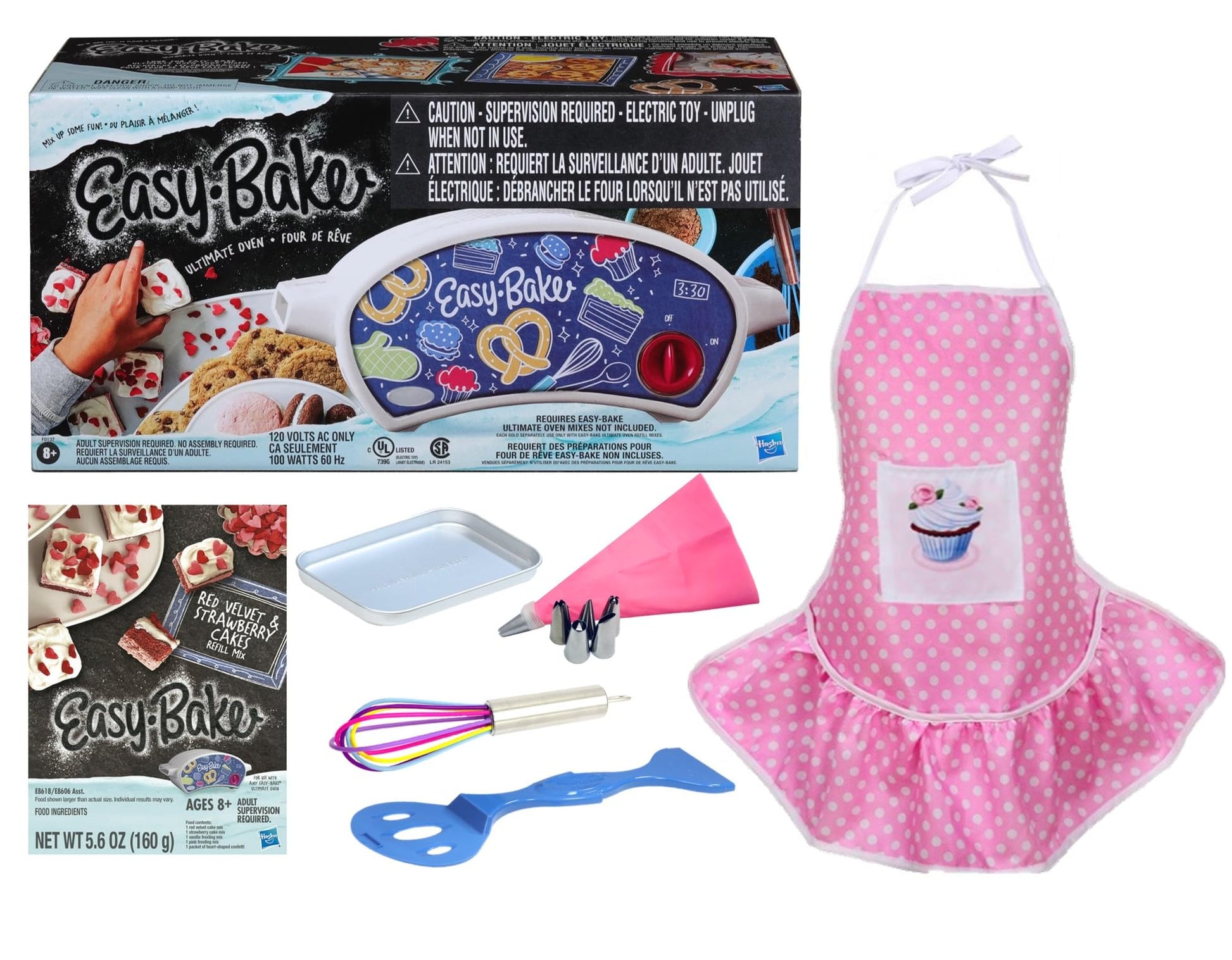 Easy Bake Oven / Pan/ Pan Tool/ Red Velvet Cupcakes Refill / Pink Kid-Sized Apron / Rainbow Whisk / Pink Frosting Piping Bag (7 