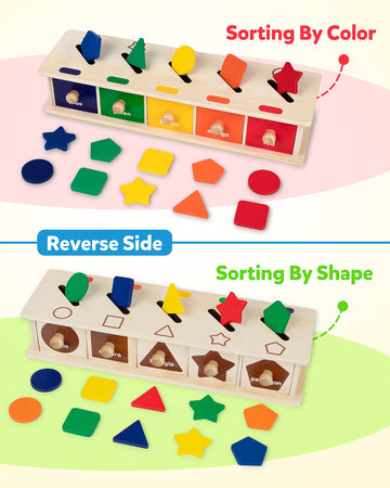 Coogam Montessori Toys Wooden Color Shape Sorting Box Game Geometric Matching Blocks Early Learning Educational Toy Gift For 3 4 5 Year-Old Baby Toddlers
