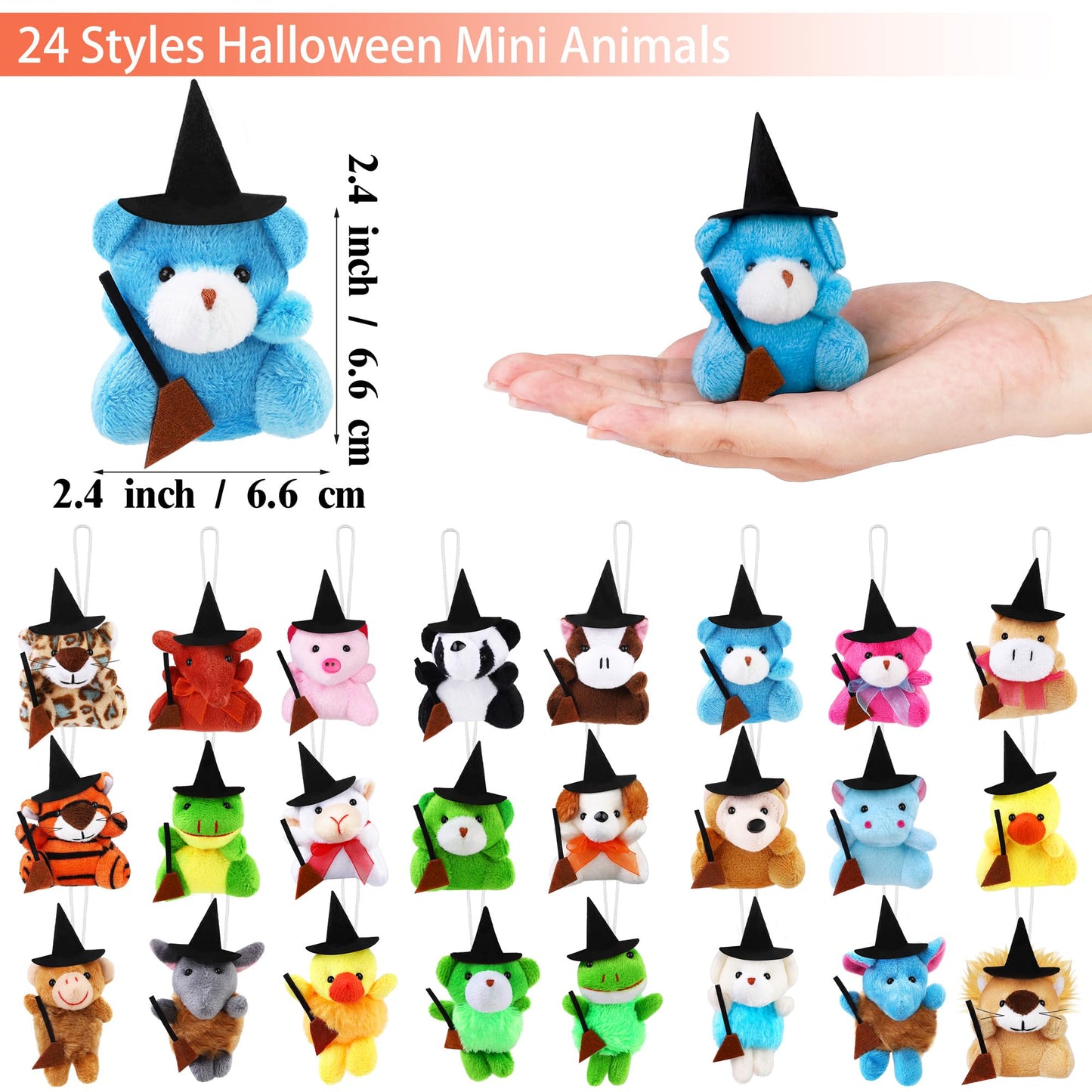 Fovths 24 Pieces Halloween Mini Stuffed Animals Plush Toy With Witch Hat Broom Cards Keychain For Kids Boys Girls Halloween Stuf