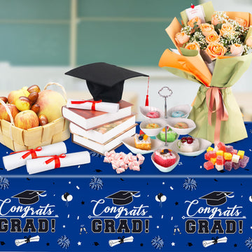 3 Pcs Graduation Tablecloth - Congrats Grad Table Cloth For Class Of 2024, Disposable Plastic Rectangle Grad Table Cover For Graduation Party Decorations 2024 And Party Supplies, 54 X 108 Inch (Blue)
