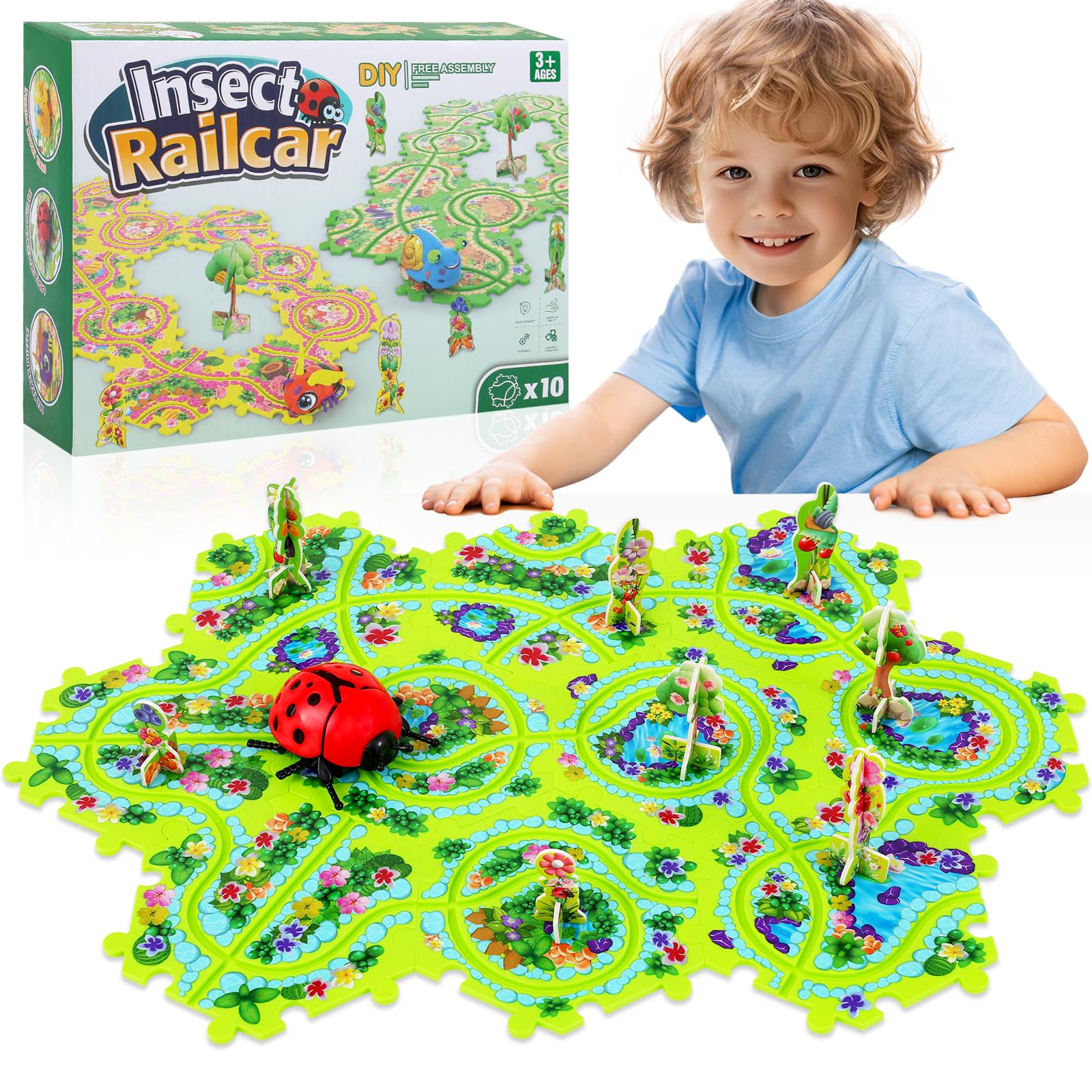 10Pcs Puzzle Racer Kids Car Track Set, Cars Toys For Toddlers, Puzzle Track Car Play Set, Race Tracks For Kids Ages 4-8, Educati