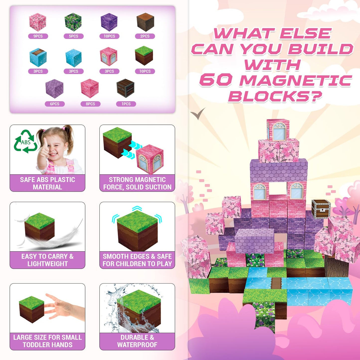 Graceduck 60Pcs Magnetic Blocks For Toddlers, Build Magnetic Pink Castle Set - Magnetic Construction Cube Toys, Montessori Sensory Toys For Toddlers 6 7 8 9 10 Year Old Girls Boys
