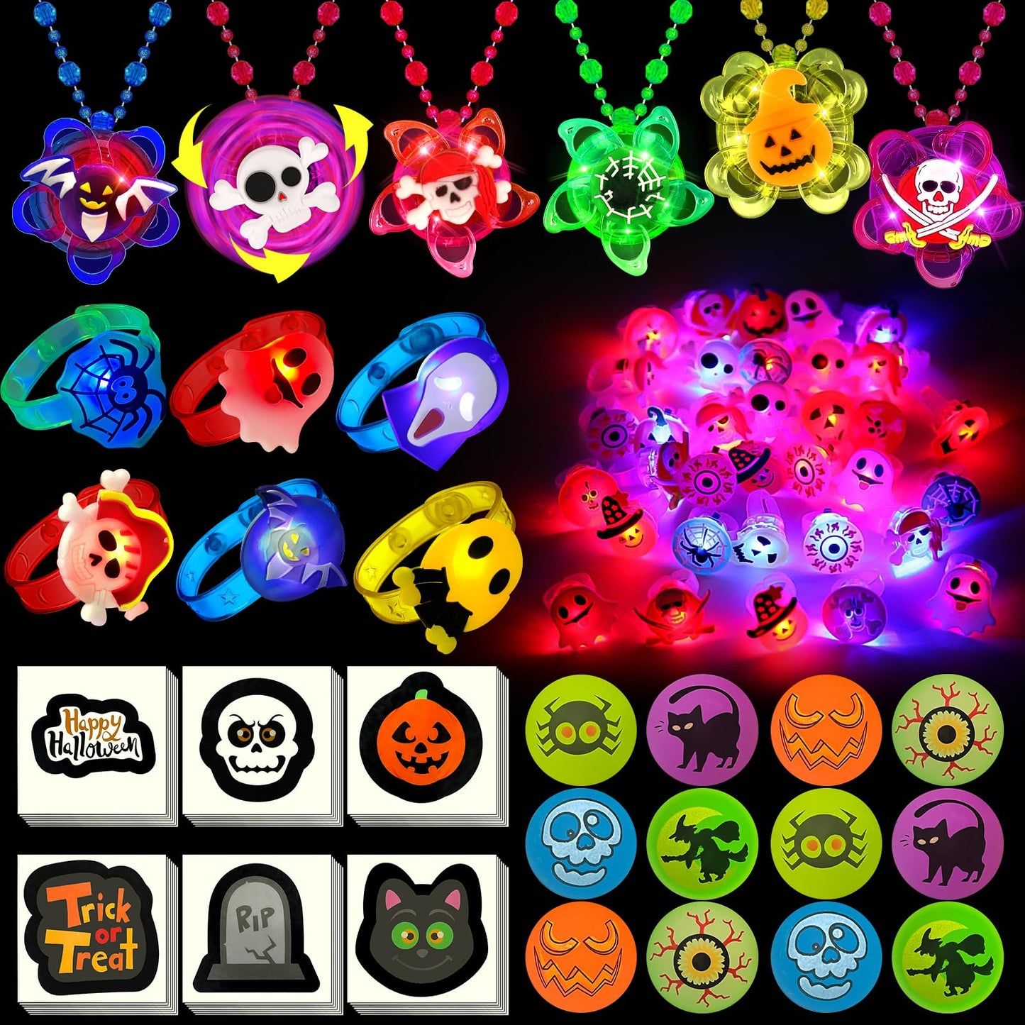 84 PCS Halloween Party Favors for Kids, Halloween Glow in the Dark Toys Rotating Spin Light Up Bracelets Necklaces Rings Decorat