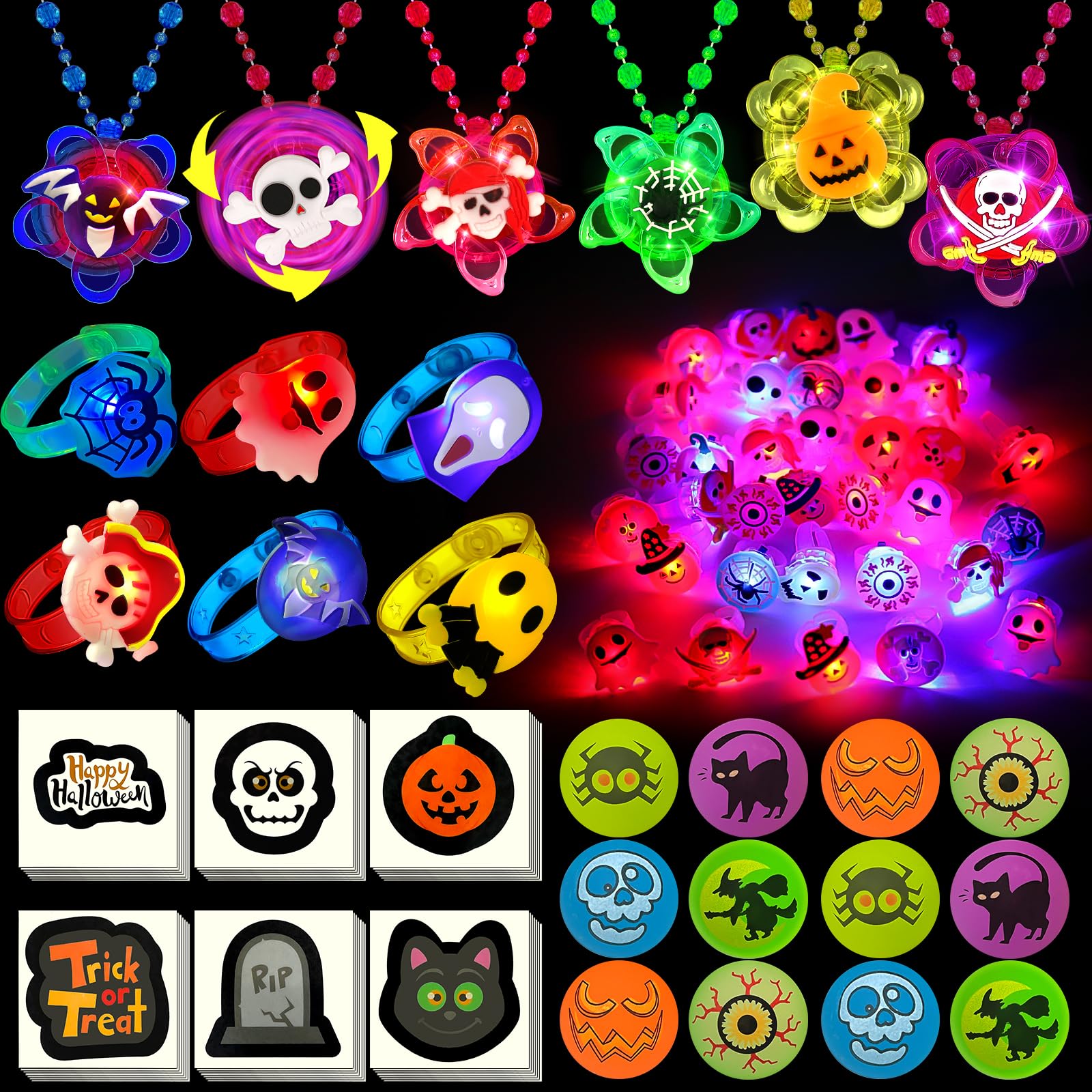 84 PCS Halloween Party Favors for Kids, Halloween Glow in the Dark Toys Rotating Spin Light Up Bracelets Necklaces Rings Decorat