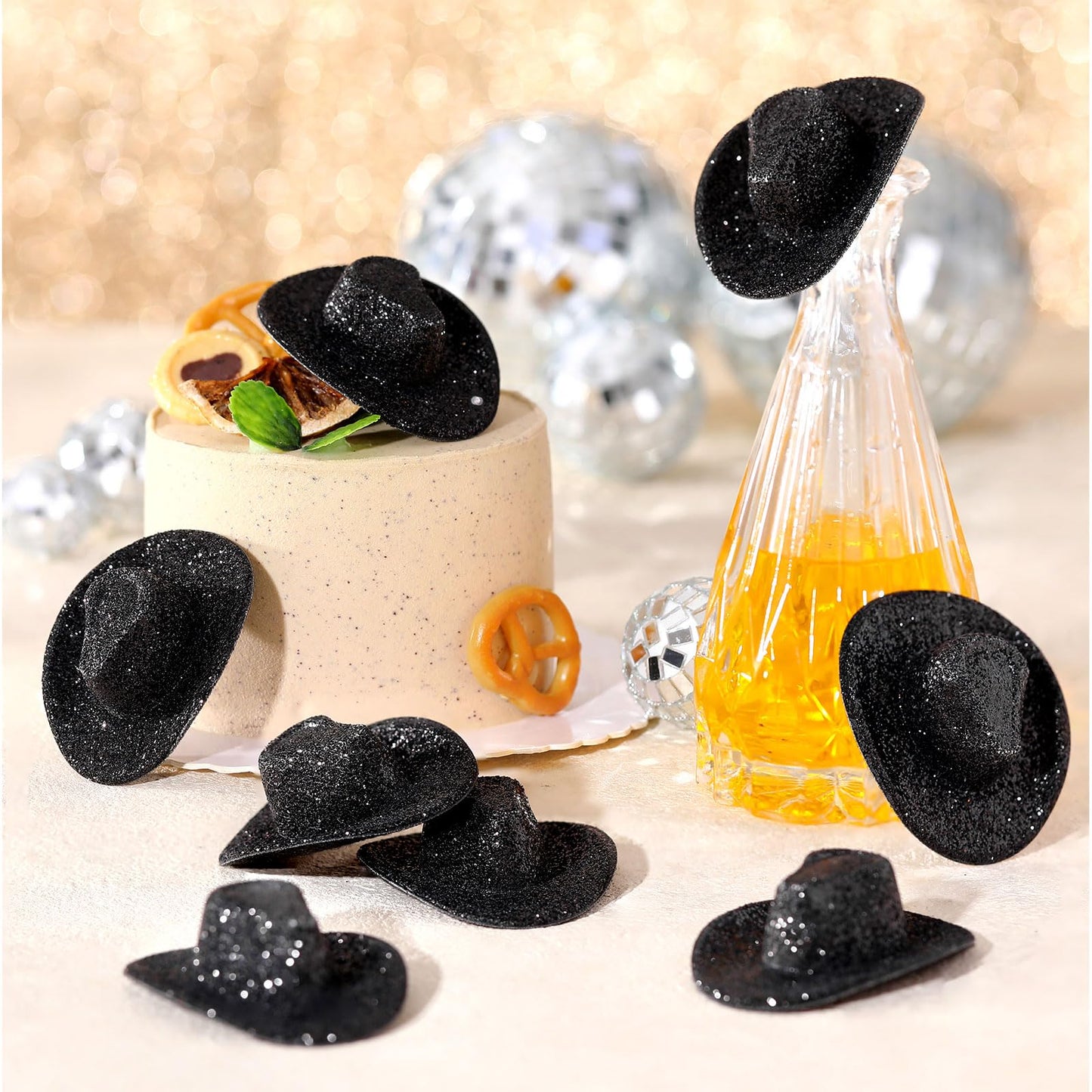 Sotiff Mini Western Cowboy Cowgirl Hat Small Disco Hat Cute Miniature Cap For Party Drinks Cupcake Toppers(Black)
