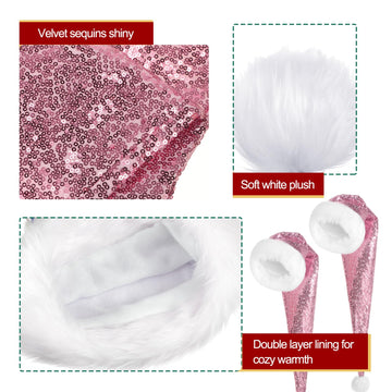 Geyoga 4 Pieces Christmas Santa Hats Xmas Shiny Sequin Santa Hats for Adults Long Christmas Cap Women Men Party Supplies(Pink)