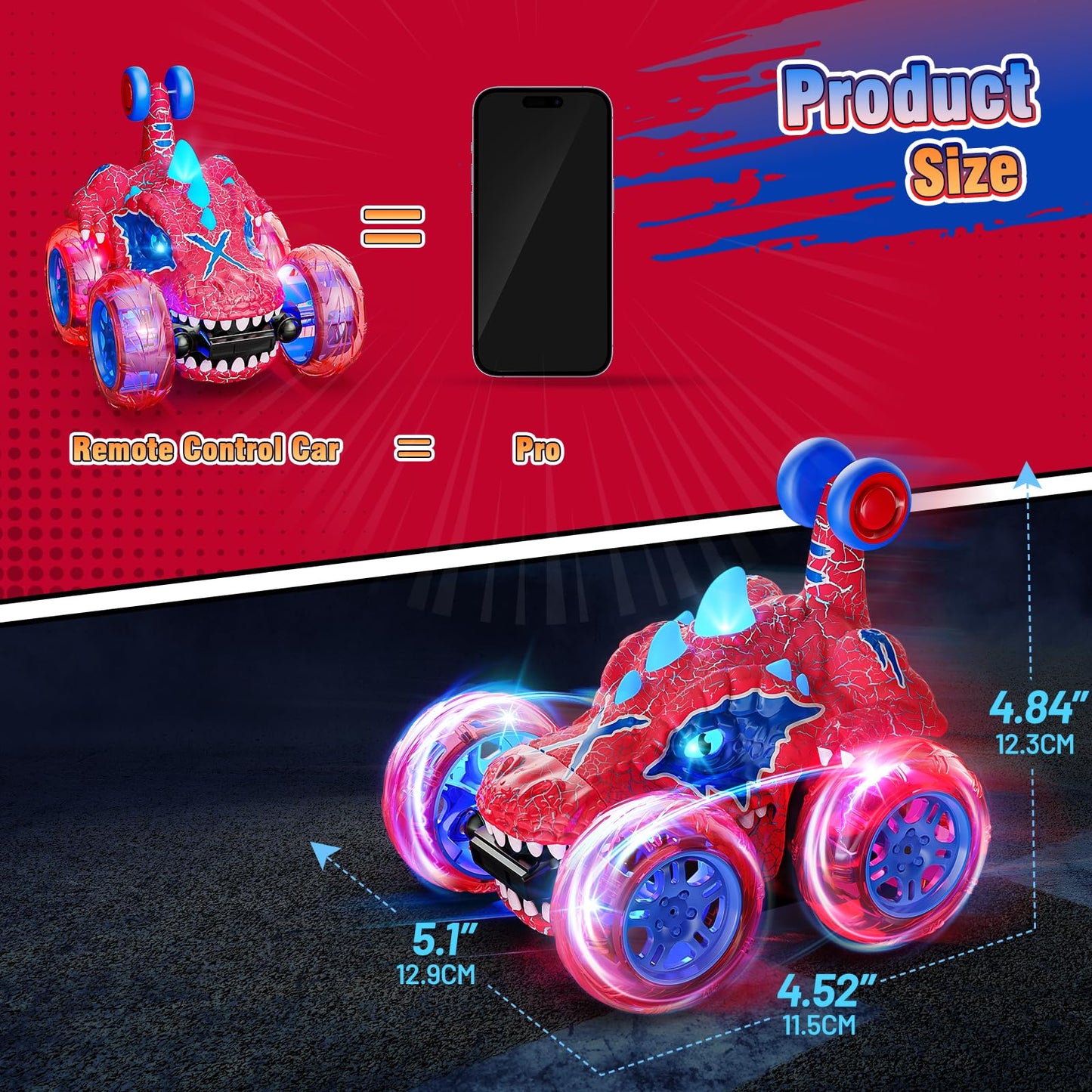 Carsky Remote Control Car RC Cars for Boy 360?Stunt Rotation 4WD Remote Cars for Kids 3-6 Double Sided Dinosaur Toy with Lights,